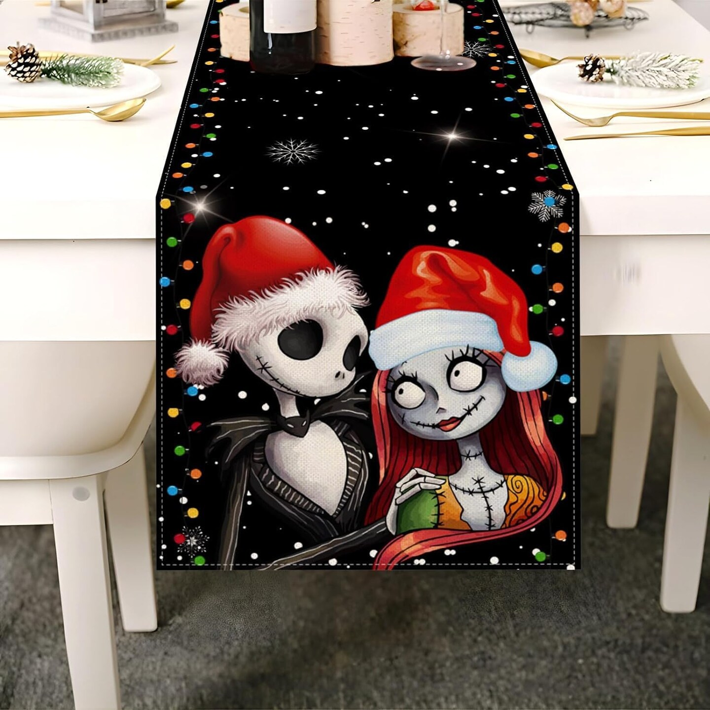 Merry Christmas Table Runner The Nightmare Before Christmas Jack Skellington and Sally Birthday Party Decoration Home Kitchen Dining Room Deocr (Black, 13&#x22; x 90&#x22;)
