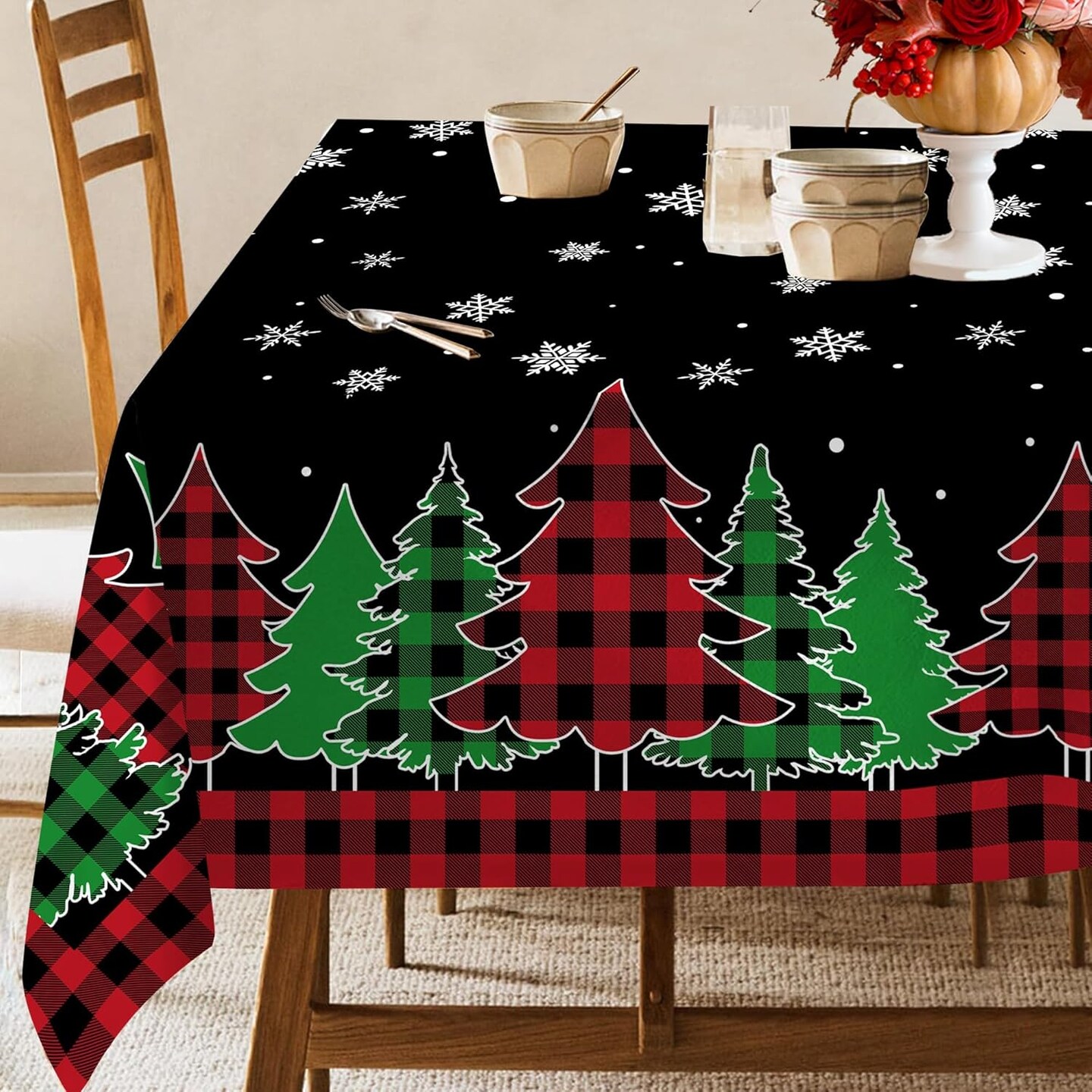 Christmas Tablecloth, Christmas Trees Table Cloth Rectangle 60x84 inch, Black Buffalo Plaid Oblong Winter Xmas and Snowflake Kitchen Christmas Table Decorations for Home, Dinner, Party