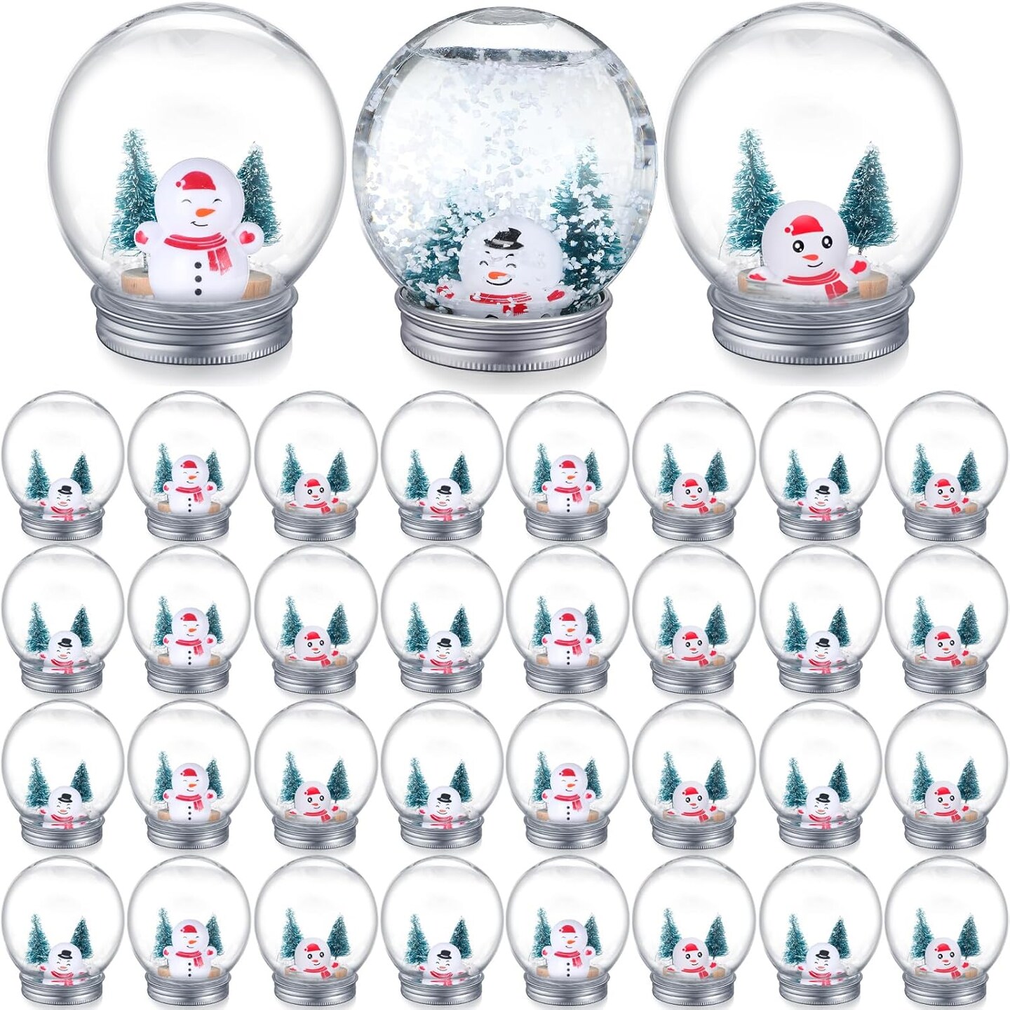 32 Set Christmas Clear Snow Globes Kit Plastic Water Globe with Screw Off Cap Artificial Christmas Trees Small Snowman Snowflakes for Ornaments DIY Crafts Fillable Snow Globes Home Decoration