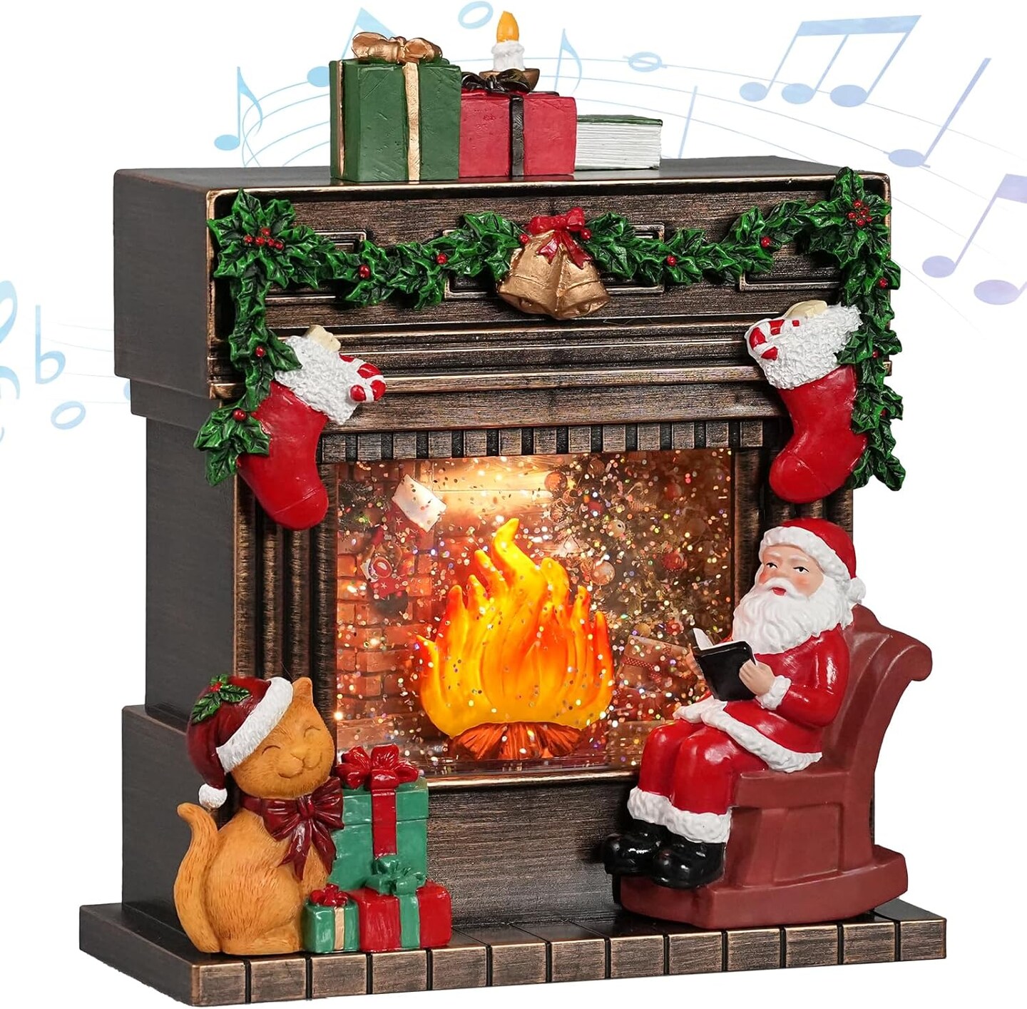 Christmas Snow Globes with 6H Timer, Lighted Musical Snow Globe Santa Claus Fireplaces Lantern with Swirling Glitter, USB &#x26; Battery Operated Spinning Glitter Snow Globe Christmas Decorations Gifts