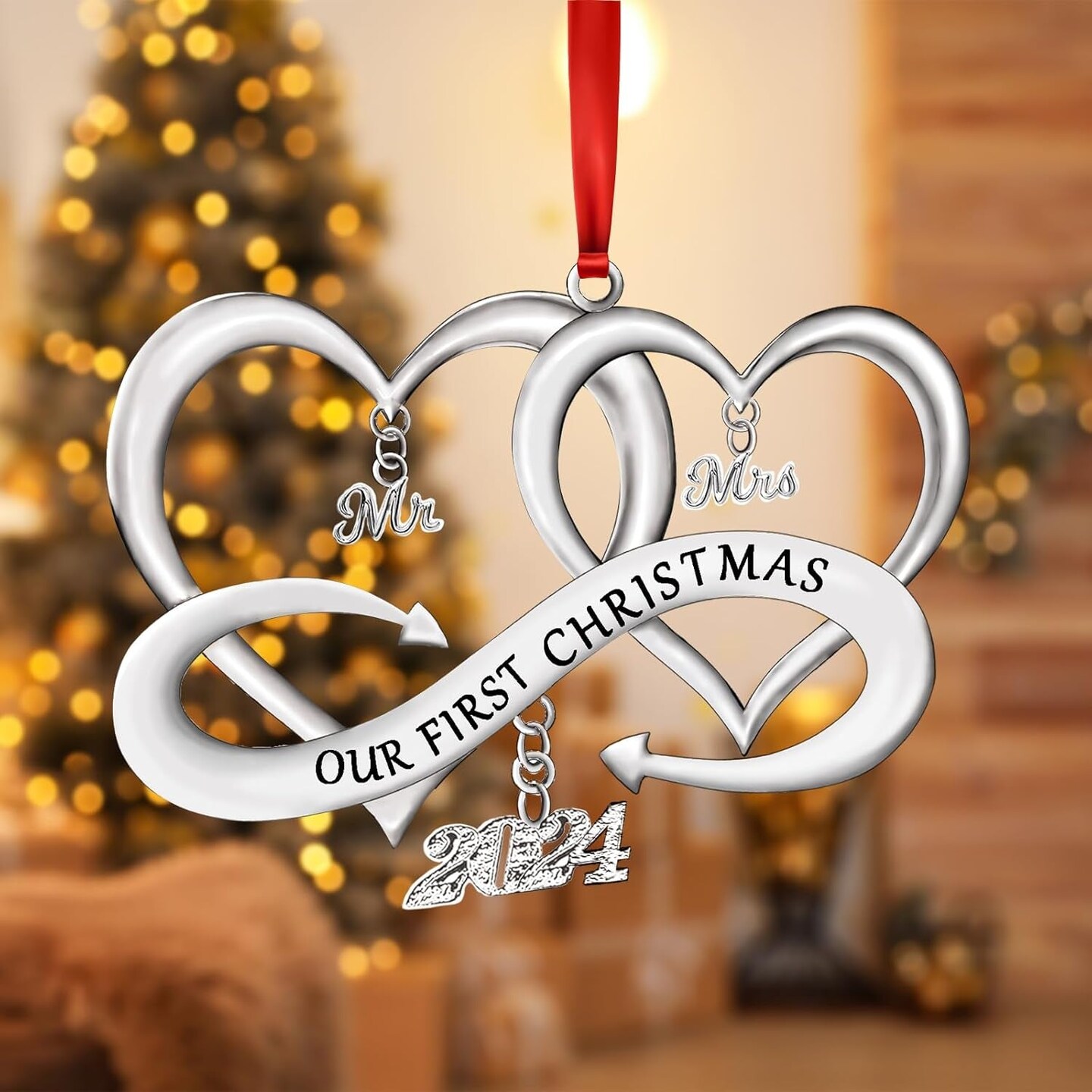 Our First Christmas as Mr &#x26; Mrs Ornament 2024 Christmas Decoration, Married 2024 Ornament 1St Year Wedding Gifts Metal with Gift Box, Bridal Shower Gift for Newlywed Couple Christmas Tree Wedding Orna