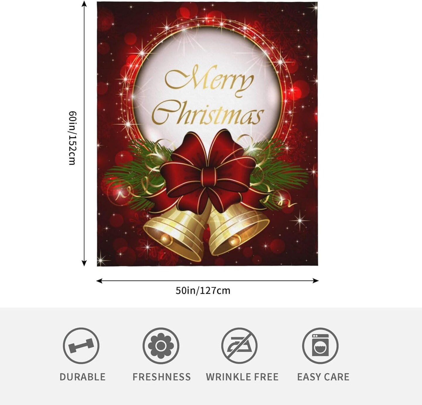 Throw Blanket Merry Christmas Bell Snowflake Bed 50 X 60 Inch Soft Lightweight Fluffy Warm for Sofa Couch All Seasons Cozy Cover Quilt