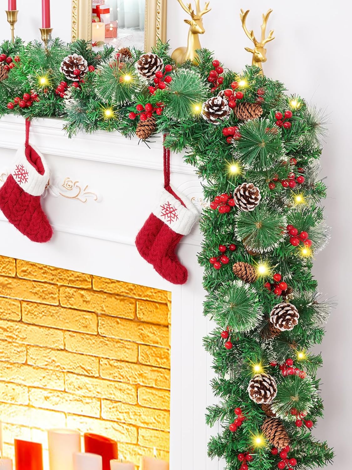 9 FT Christmas Garland with Lights, Lighted Christmas Garland for Mantel, Garlands for Decoration Christmas with Pinecone, Red Berry, Pine, 3 Modes Lighting Christmas Decor for Door, Table, Fireplace