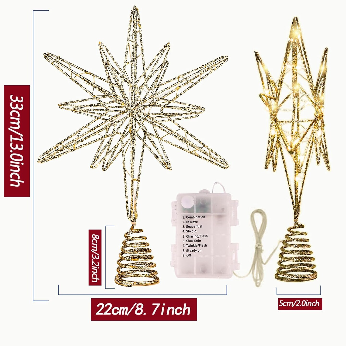Christmas Tree Star Decorations, 13inches Metal Hollow Design, 20 LED Lights,Sparkling Tree Toppers Christmas Decorations Light up Your Christmas, Star Tree Topper Decorations for Home Holiday Party