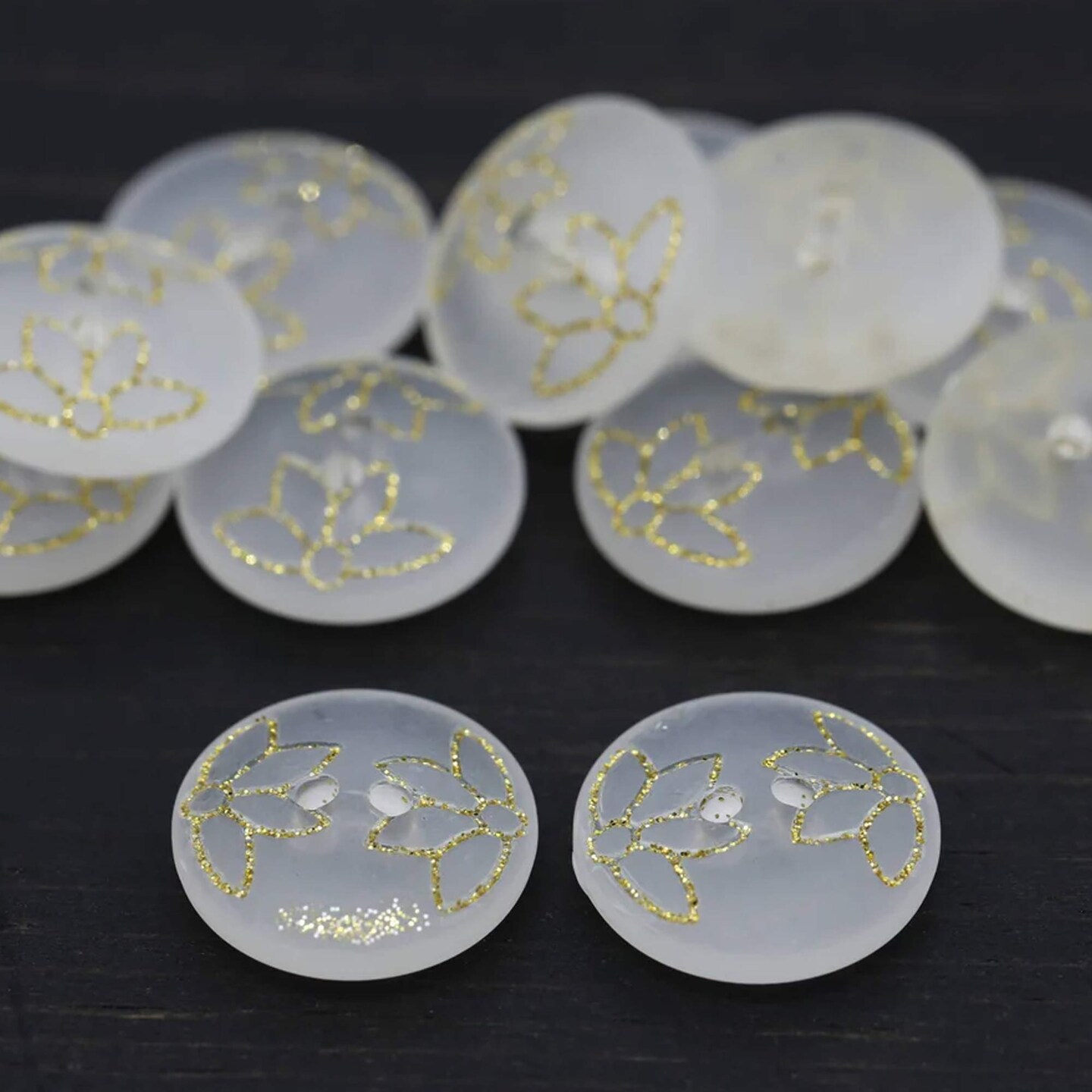 12 Pieces Clear Frosted Gold Glitter Tulip Design Buttons 13/16 Inch