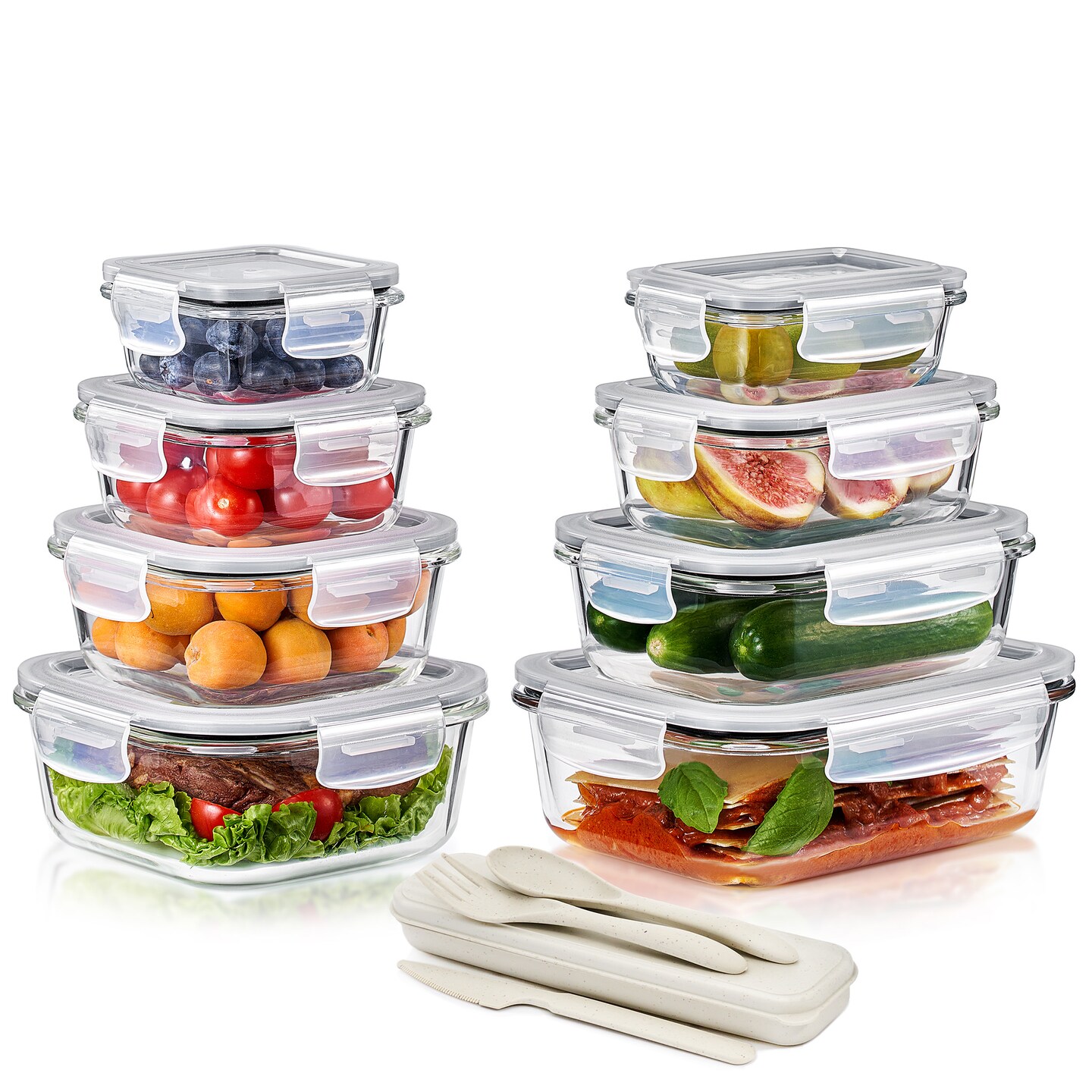 Sorbus Airtight Glass Meal Prep Containers, Dishwasher and Oven Safe Reusable Meal Prep Containers 16 Piece Set