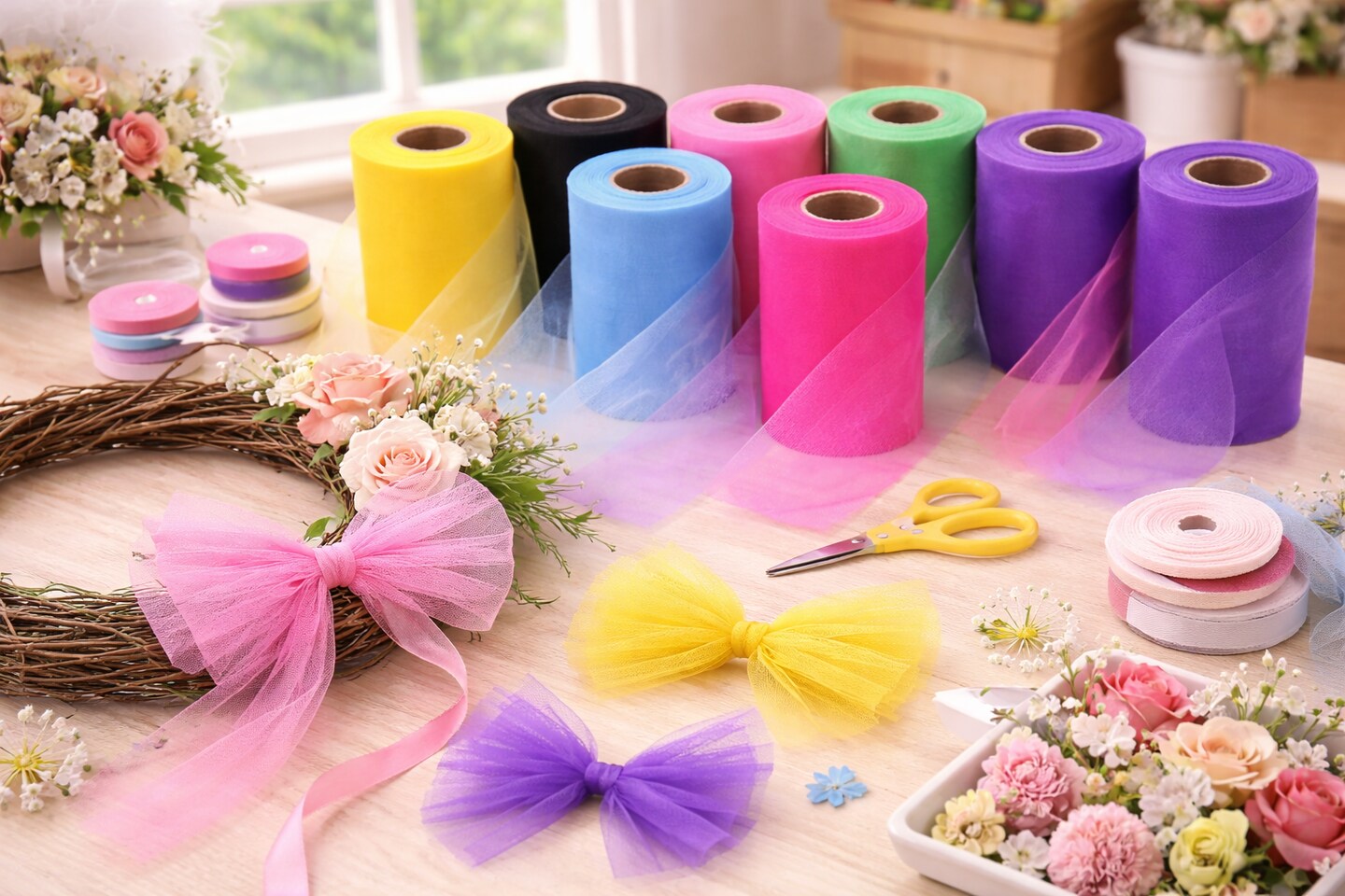 Tulle Roll 6" x 25 Yards – Assorted Colors (Yellow, Black, Pink, Green, Blue, Hot Pink, Purple) Decorative Craft & Party Tulle Fabric