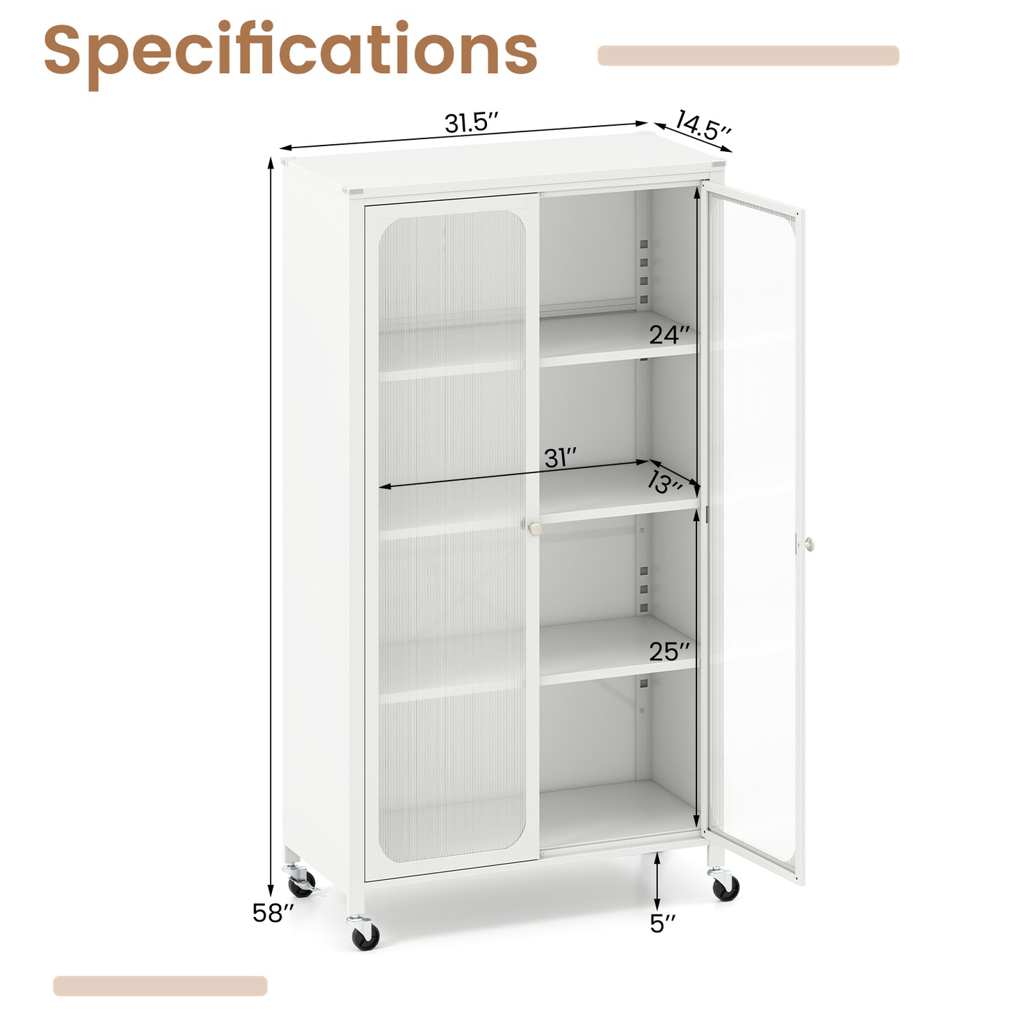 White 58" Adjustable Shelf Bookcase Rolling Design with Lockable Wheels