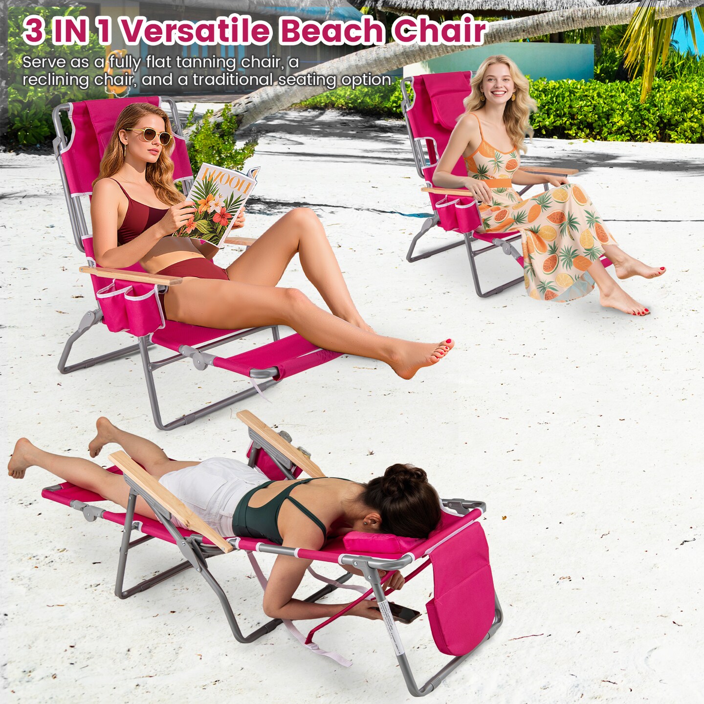 Face Down Folding Beach Chair 3 in 1 Adjustable Recliner with Face Hole