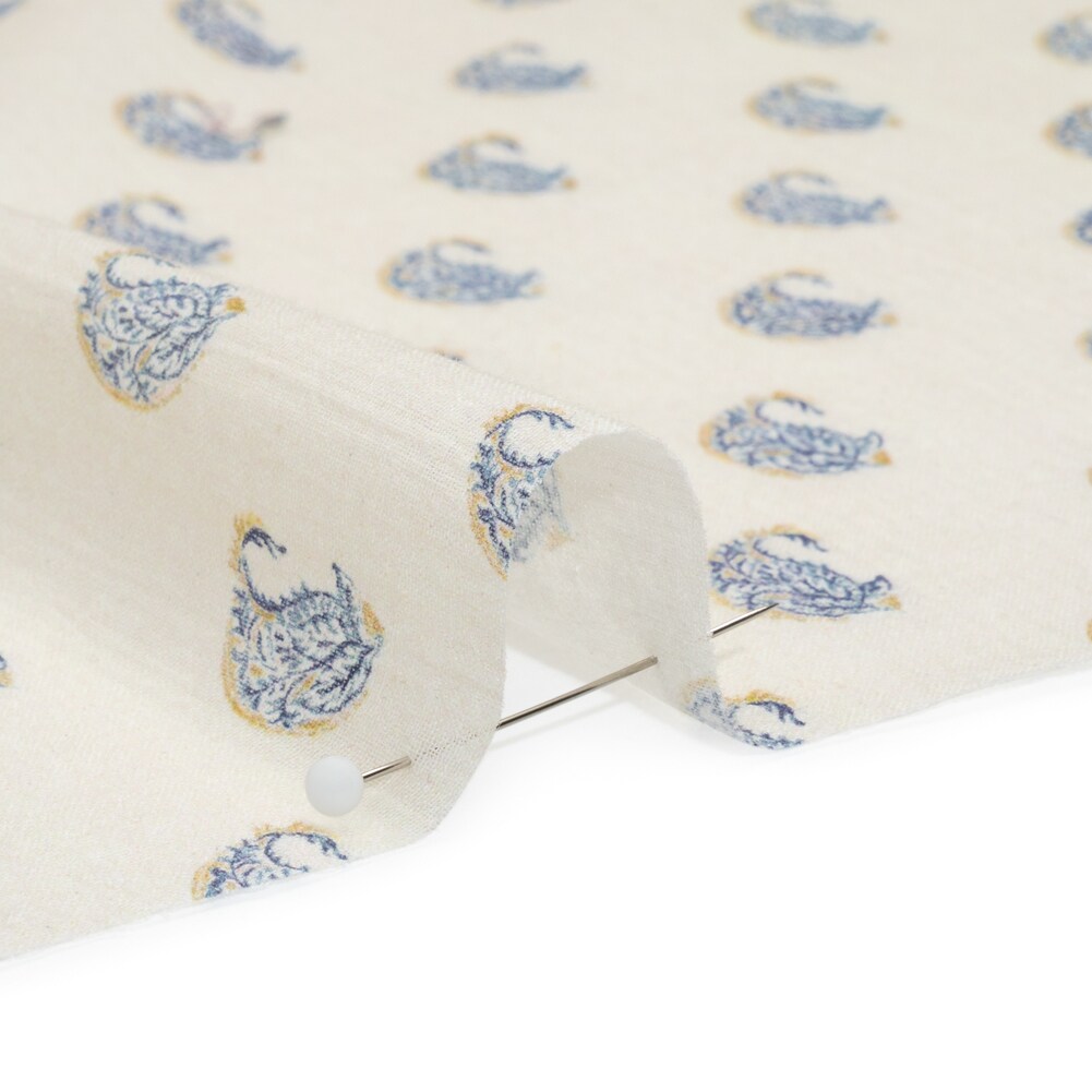 1 Yard Cream Blue Paisley Crinkled Cotton Gauzy Woven Lightweight Fabric For Apparel