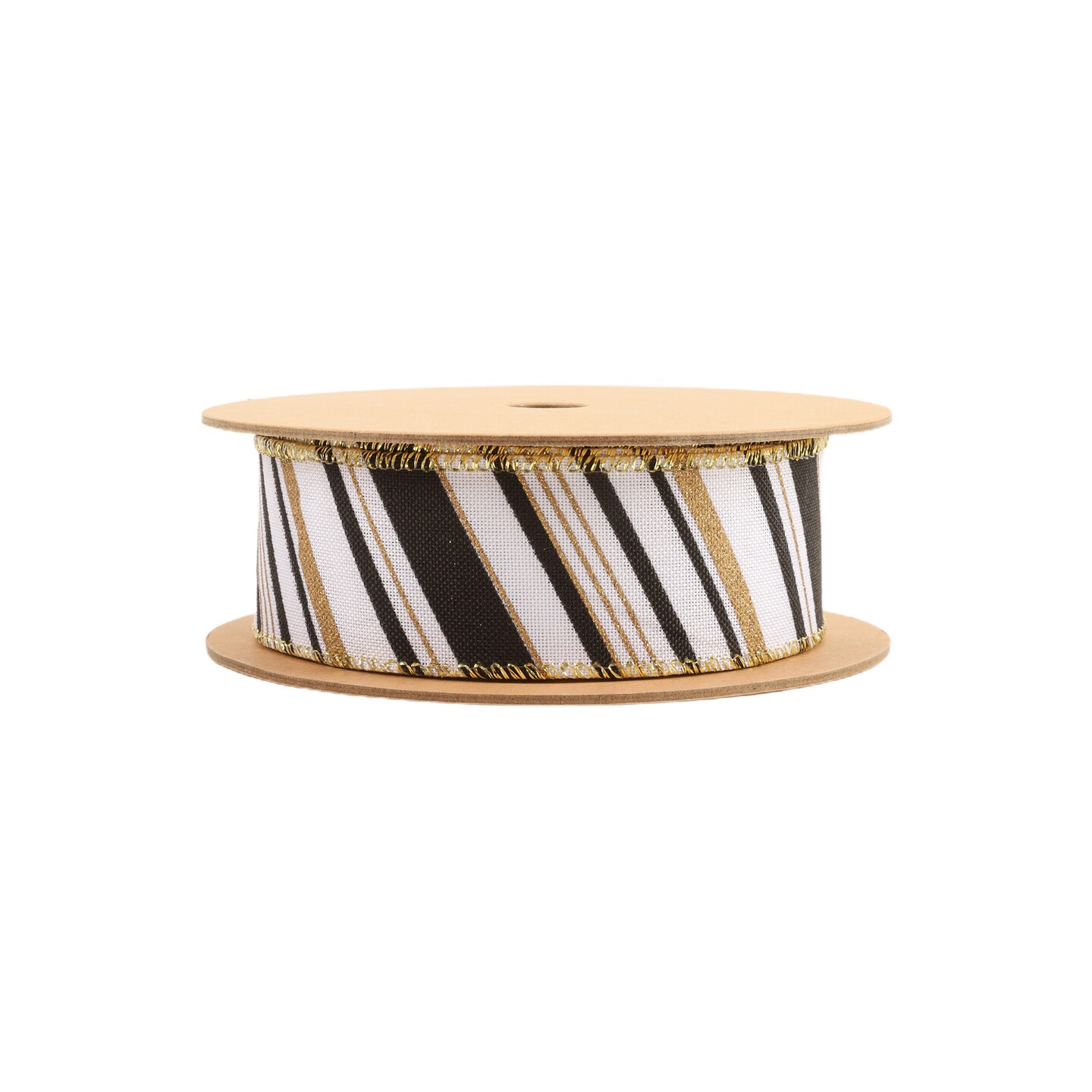 LaRibbons 2 1/2" - 1 1/2" Faux Linen Wired Ribbon | w/ Black & White & Gold Stamping Twill Stripe | 10 Yard Roll