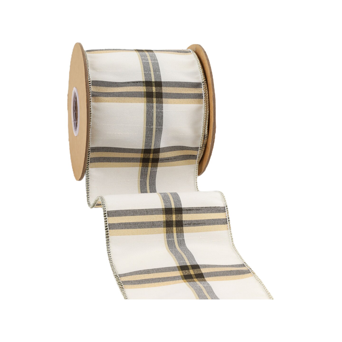 LaRibbons 4" - 2 1/2" Wired Ribbon | Ivory/Black/Gold Plaid | 10 Yard Roll