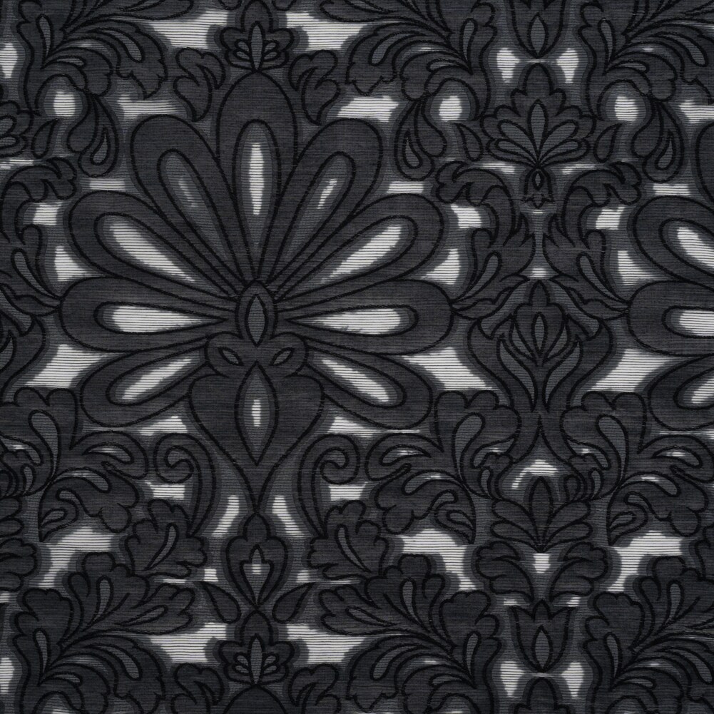 1 Yard Charcoal Black Floral Cotton Blend Burnout Jacquard Fabric
