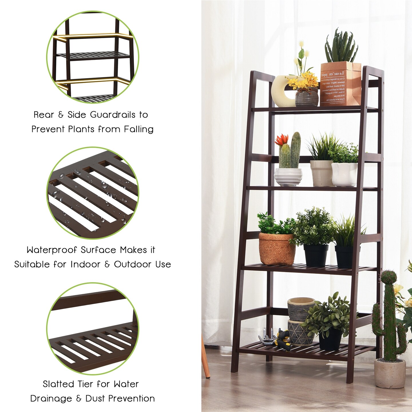 4 Tier Bamboo Ladder Shelf Plant Stand Storage Rack for Indoor Outdoor Use