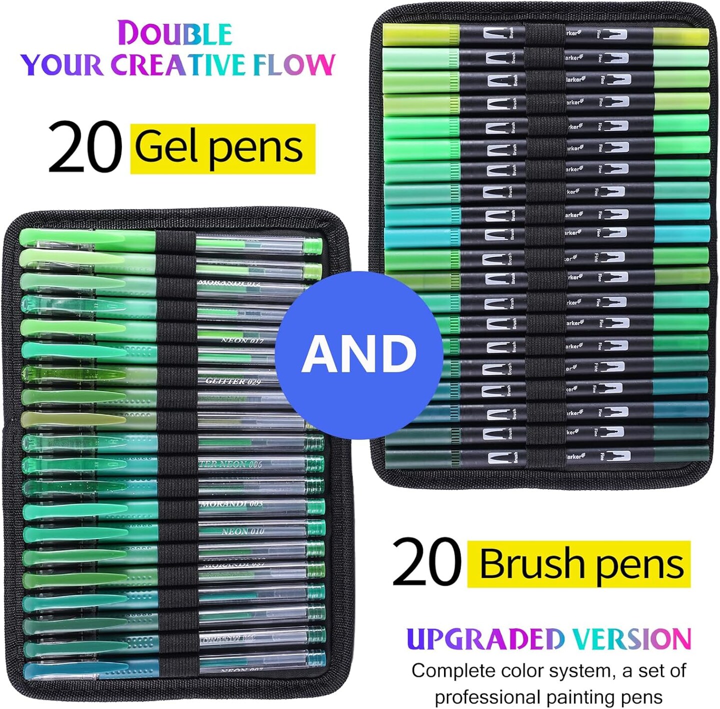 80 Pack Green Drawing Pen Set,20 Color Double Tip Brush Pens 20 Color Gel Pens with 40 Refills