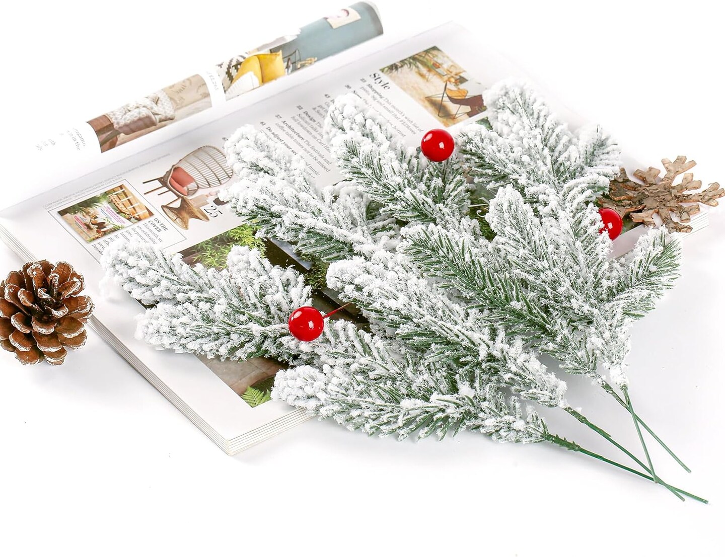 30 Pcs Snow Frosted Artificial (Green With Snow)