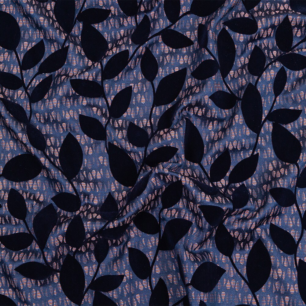 1 Yard Navy Lilac Orange Blue Leaf Vine Striped Cotton Polyester Jacquard Fabric