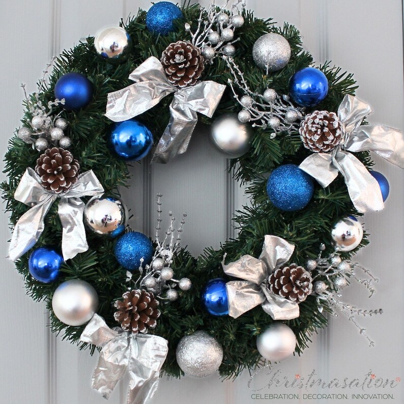 Icy Blue Pre-Decorated Christmas Wreath with Pre-Lit Option