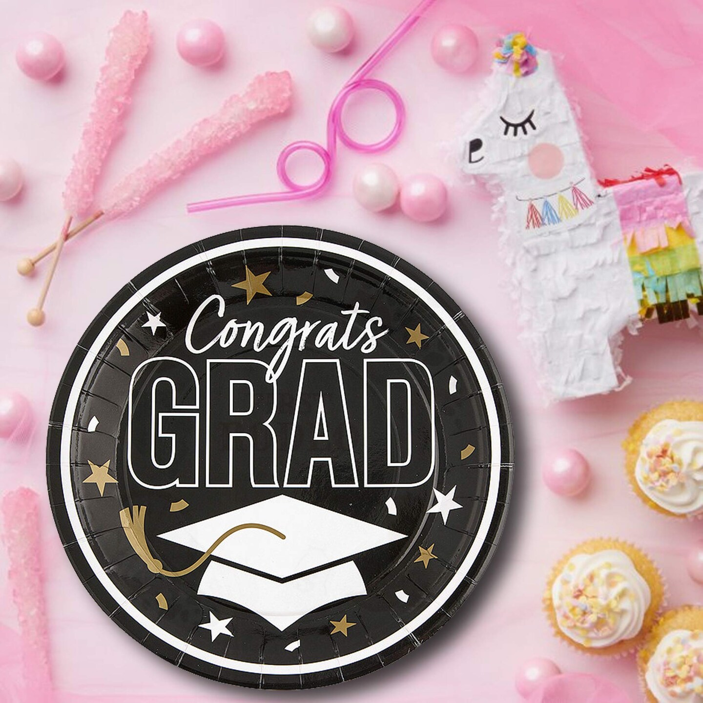 25 Count Black Congrats Grad 9 Inch Round Paper Plates for Graduation Party Decorations