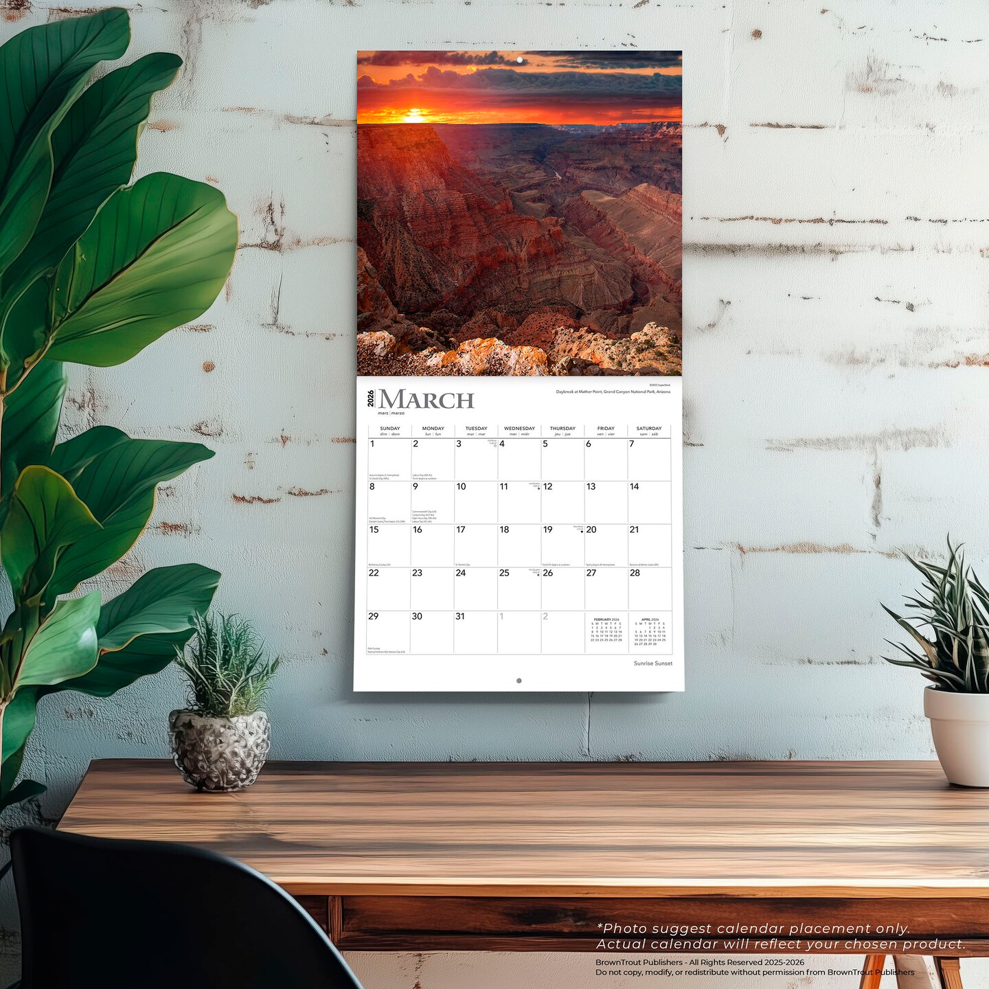 Sunrise Sunset | 2026 12 x 24 Inch (Hanging) Monthly Square Wall Calendar | Plastic-Free