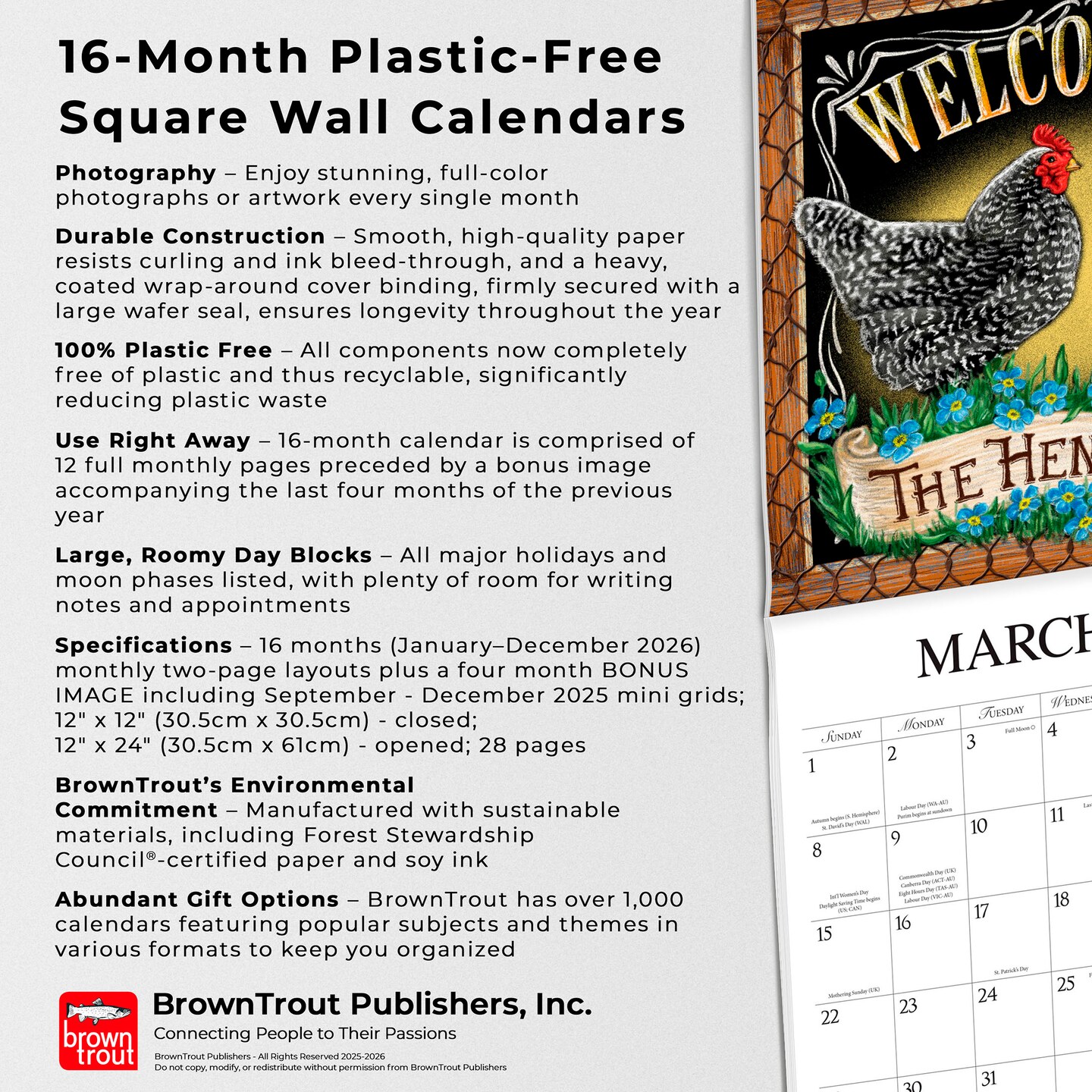 Bless This Nest | 2026 12 x 24 Inch (Hanging) Monthly Square Wall Calendar | Featuring the Artwork of Ninette Parisi | Plastic-Free