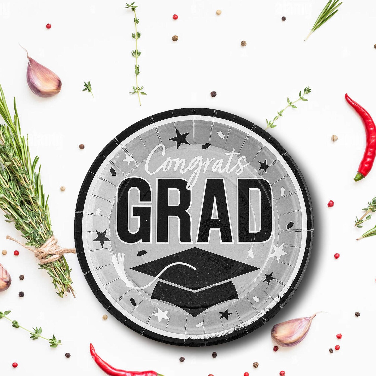 25 Count Silver Congrats Grad 9 Inch Round Plates for Elegant Graduation Party Decor
