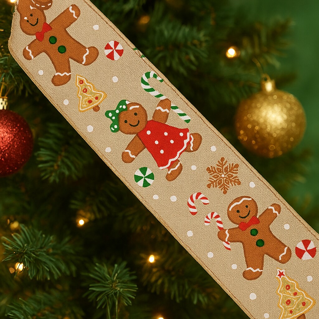 Designer&#x2019; Shop WR 63-5220 Christmas Gingerbread Wired Edge Ribbon &#x2013; 2.5&#x22; x 10 Yards &#x2013; Tan Burlap with charming Gingerbread Candy Canes &#x26; Holiday Icons