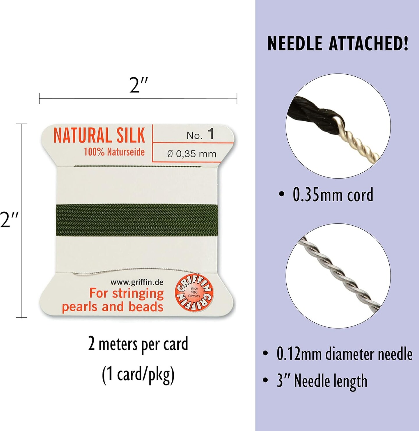Griffin Silk Bead Cord Perlseide – Size 1 (0.35mm) – 2 Meters per Card – Stainless Steel Needle Attached – for Knotting Pearls, Gemstones, Crystals and Beads