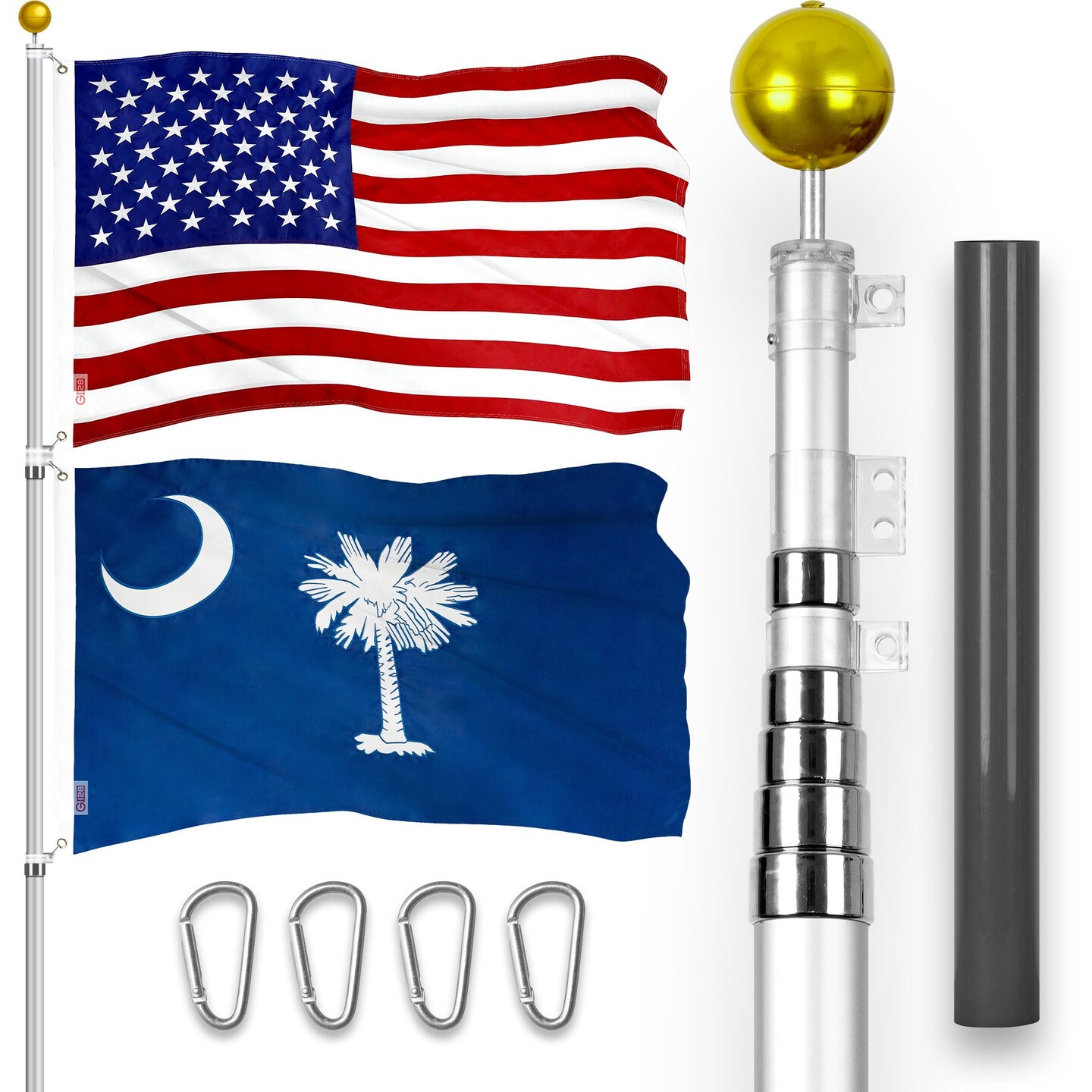 G128 Combo Pack: 25 Ft Telescoping Aluminum Flagpole (Silver) &#x26; American and South Carolina Flags 3x5 Ft, Both ToughWeave Series Embroidered Polyester | Pole with Flags Included