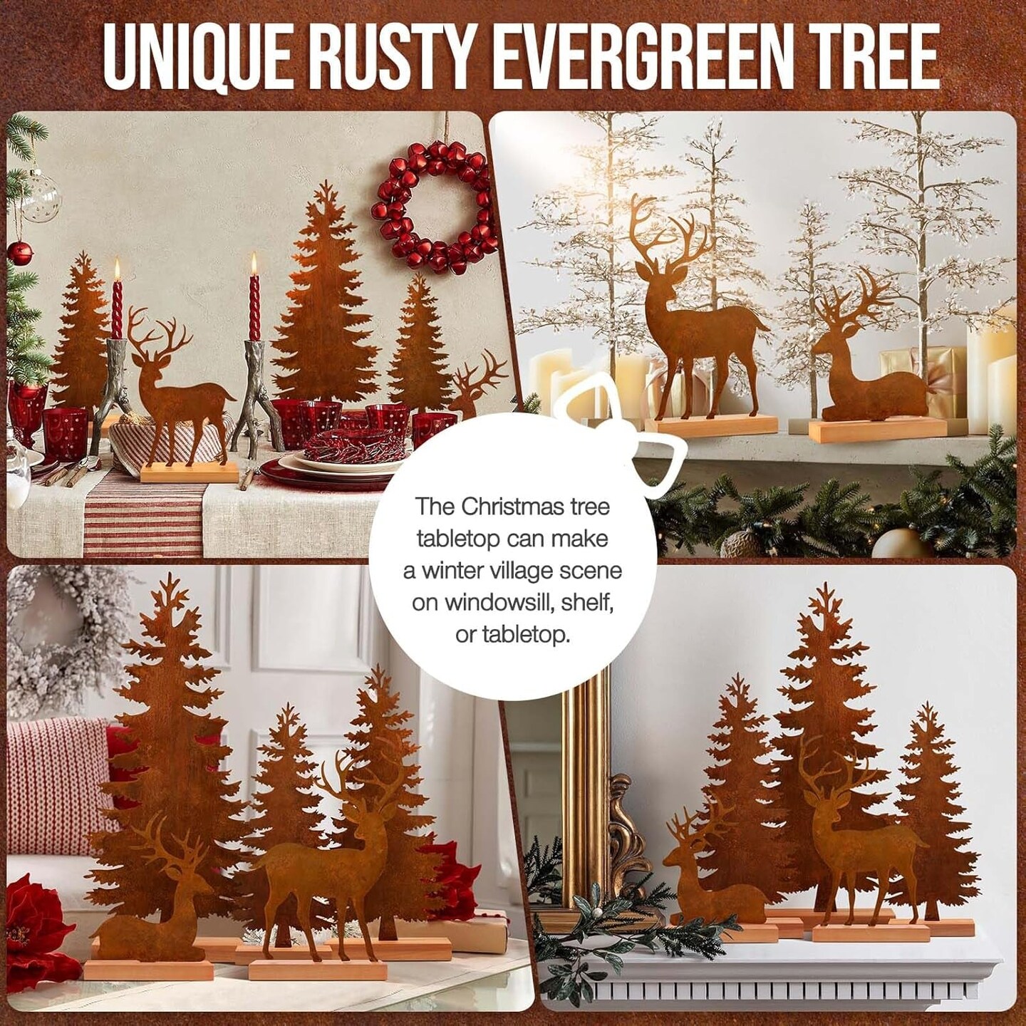 Set of 5 Metal Christmas Pine Tree and Elk Tabletop Decor, Rusty Steel Vintage Evergreen Tree Table Centerpieces - Farmhouse Xmas Holiday Decoration for Room Fireplace Shelf