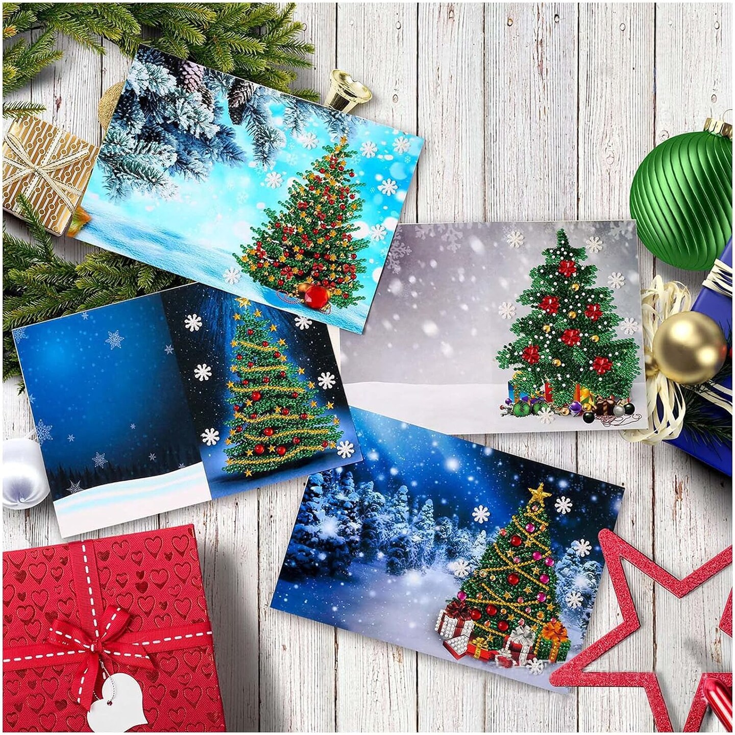 DIY 5D Diamond Painting Christmas Cards 4 Pcs, Round Drill Greeting Cards Creative, Handmade Merry Christmas Card Gifts for Family Friends and Lover (4F)