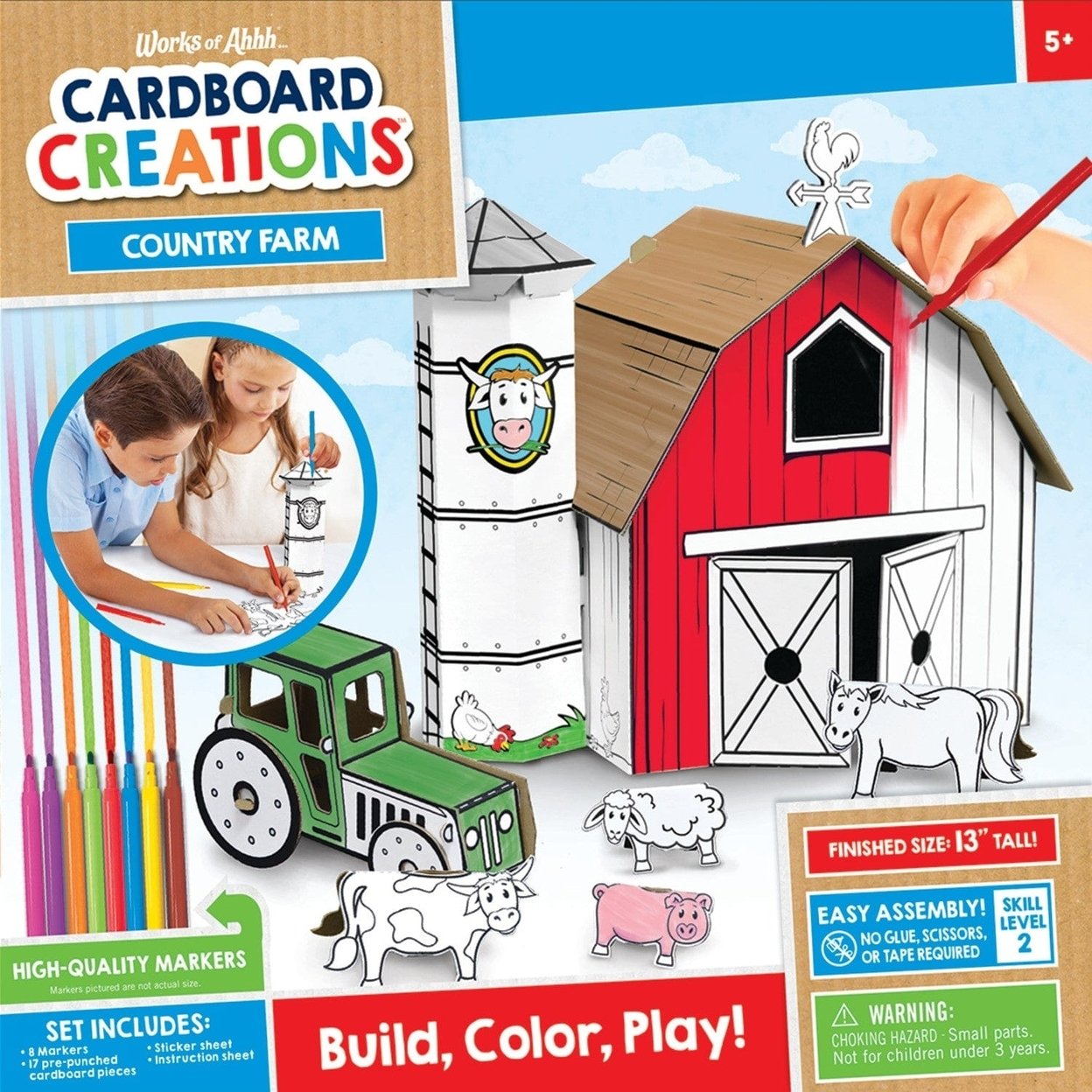 Cardboard Craft Kit Farm Playset Buildable With Markers And 17 Pre-Cut Pieces