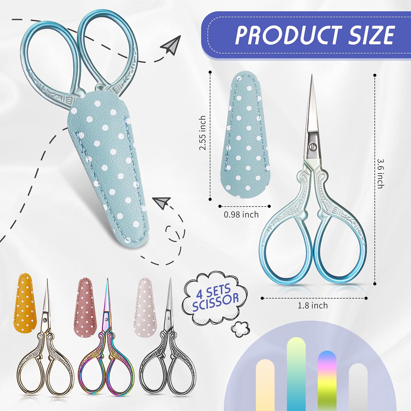 4 Pcs Sewing Embroidery Scissors with 4 Pcs Artificial Leather Cover 3.6 Inch Stainless Steel Stork Scissors Vintage Embroidery Scissors for Needlework, Manual Sewing Handicraft (Retro Colors)