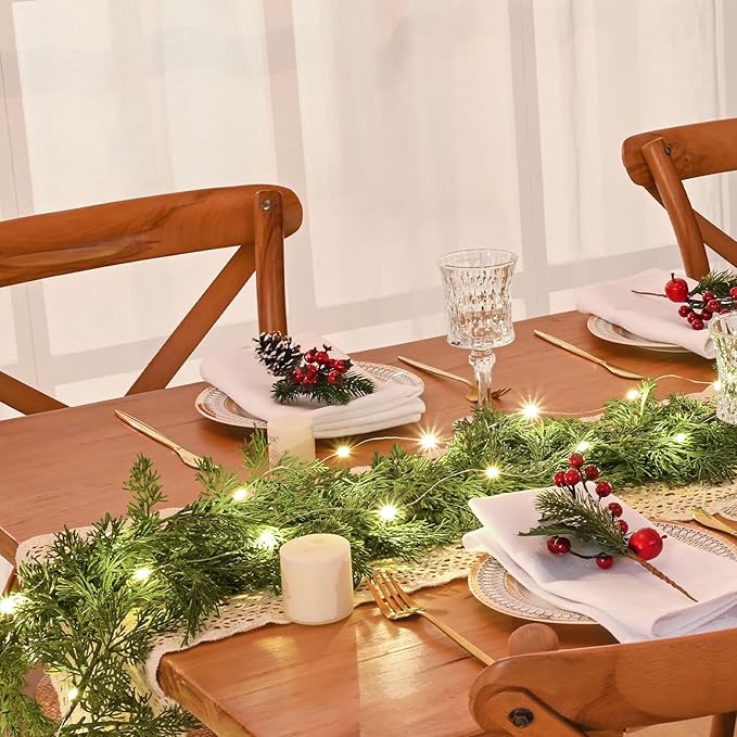 2 Pack 5.7 Ft Christmas Cedar Garland - Christmas Garland with 40 Led Lights Strings, Garlands for Decoration Christmas, Pine Garland for Winter Table Mantle Wall Room Outdoor Indoor Decor