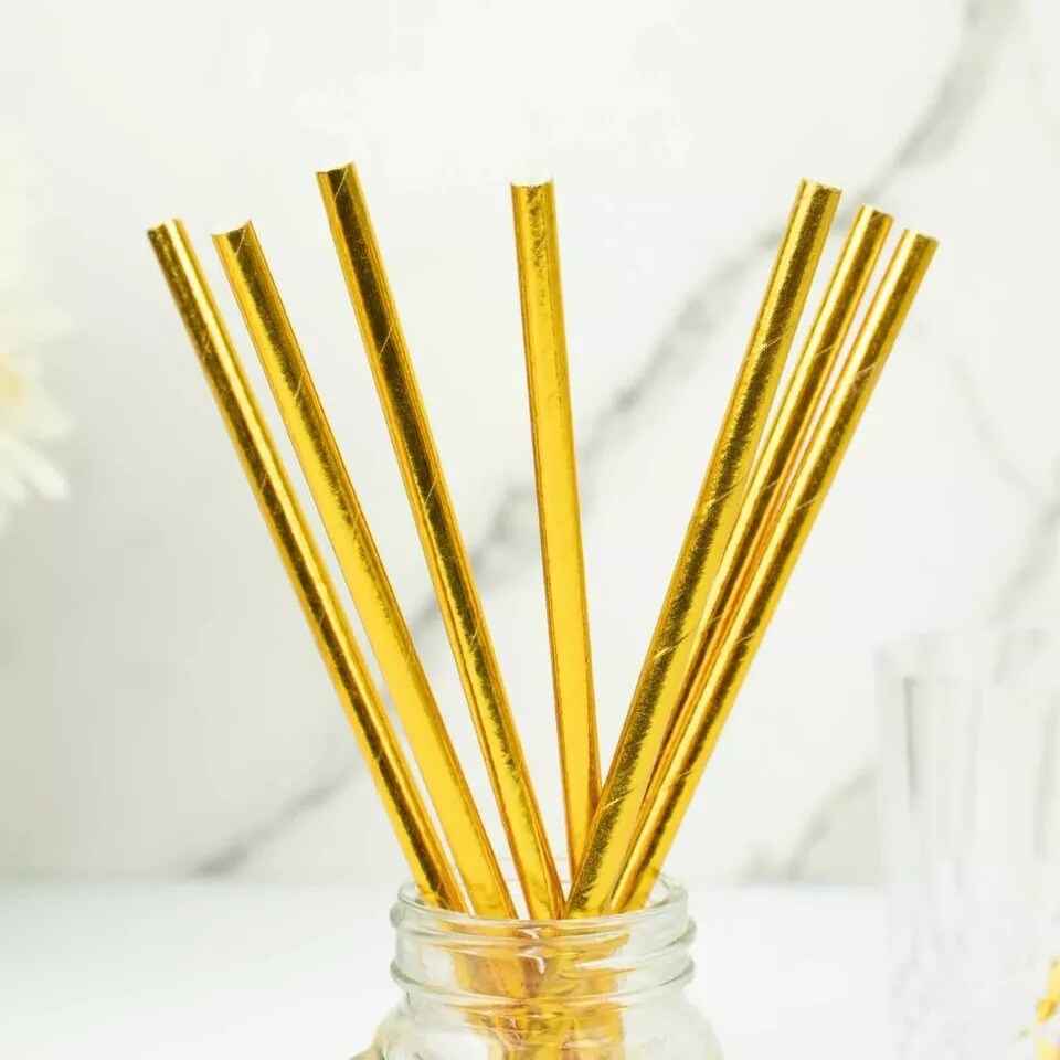 Gold 50 Metallic 8&#x22; Disposable Food Grade Drinking Paper Straws Party Events