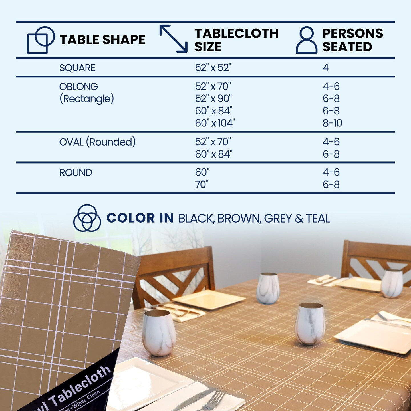 BRODER MFG. INC. White Lines Flannel Backed Vinyl Tablecloth - Brown, 60x84 Oblong (Rectangle) | Perfect for Picnics, Barbeques, Parties, Camping, Special Occasions, Gatherings, and Everyday Use