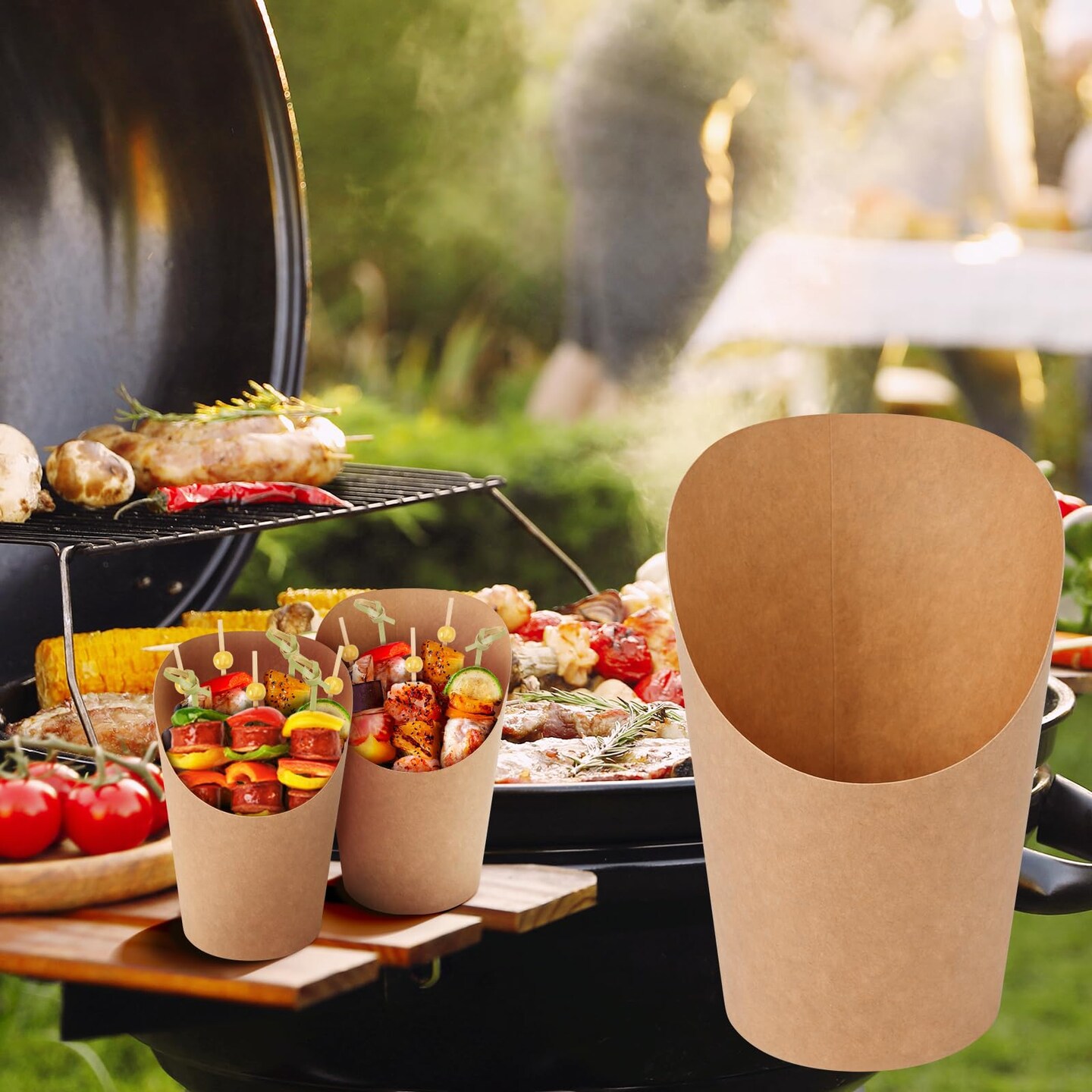 EWVVSS 60pcs Individual Disposable Charcuterie Cups with Sticks,60 Portable Bags,200pcs Cocktail Skewers,14oz Brown Paper Appetizer Cups for French Fry, Party Supplies