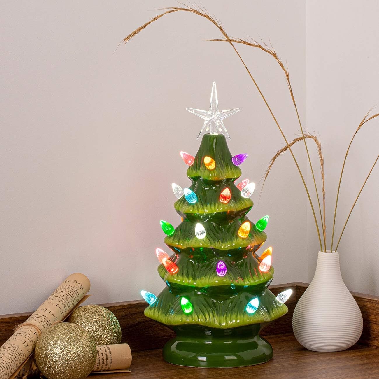 11&#x22; Ceramic Christmas Tree Tabletop Christmas Tree Lights with 28 Multicolored Lights and 1 Star Toppers for Table Top Desk Classic Series Christmas Decoration (Green) (Green)