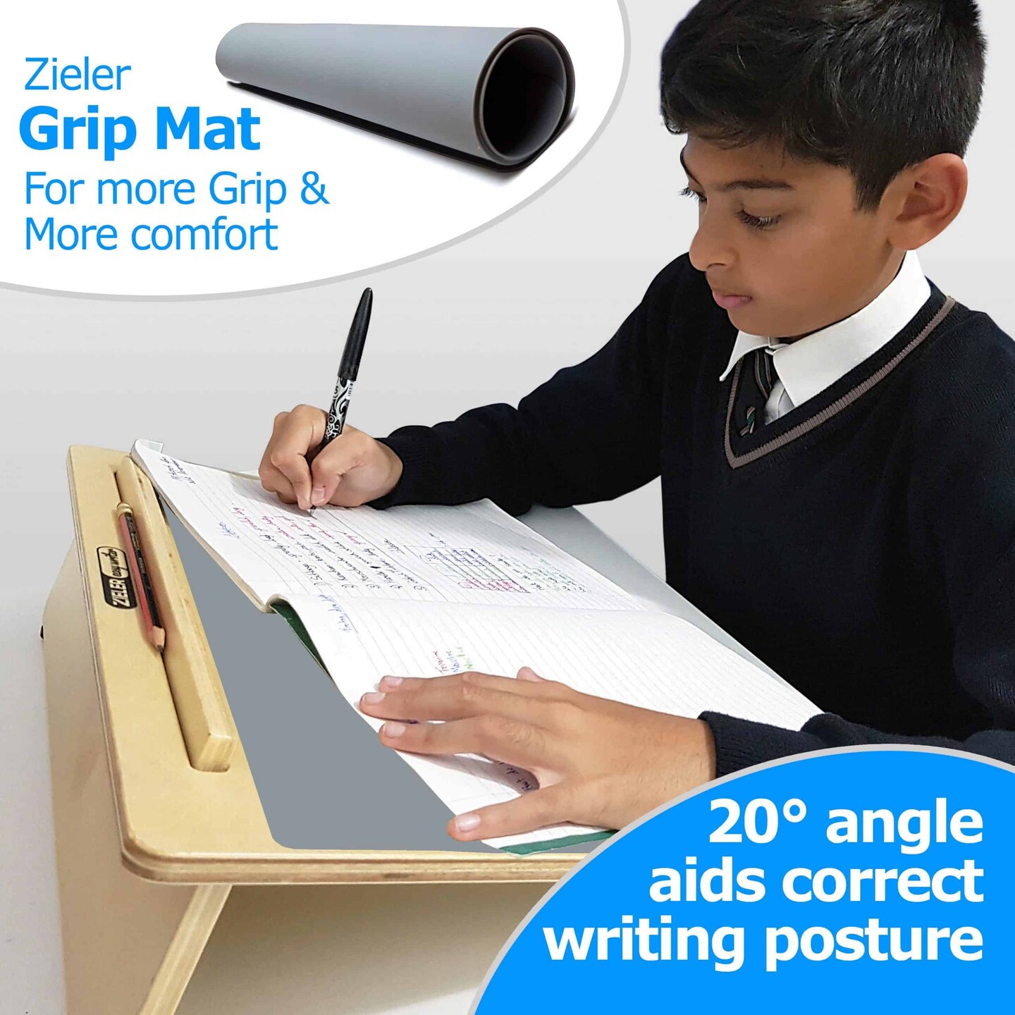 Zieler® Large (A3) Wooden Ergonomic Writing Slope with Grip Mat