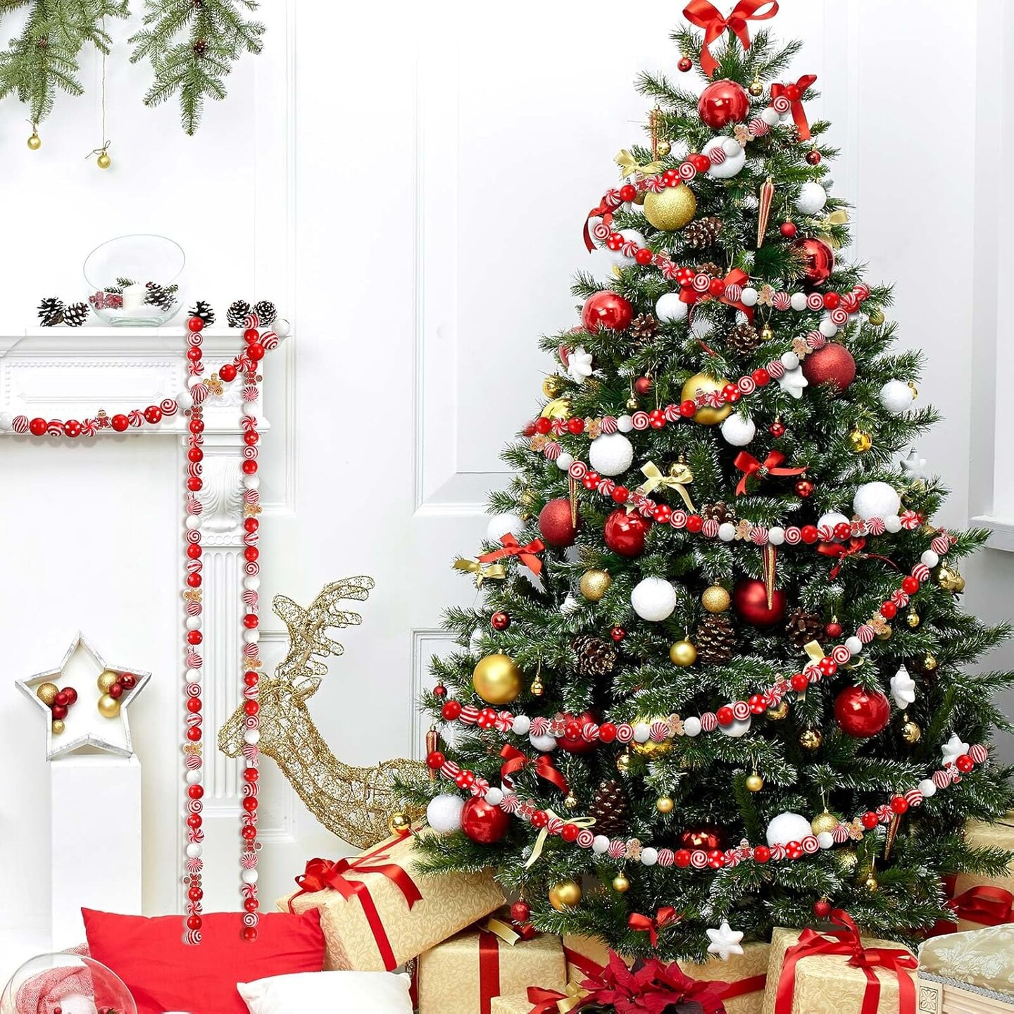 200 Pcs Christmas Beads for Crafts Christmas Beads for Jewelry Making Red and White Beads Wooden Beads Xmas Gingerbread Candy Beads for Craft Holiday DIY Garland Party Tree Hanging Home
