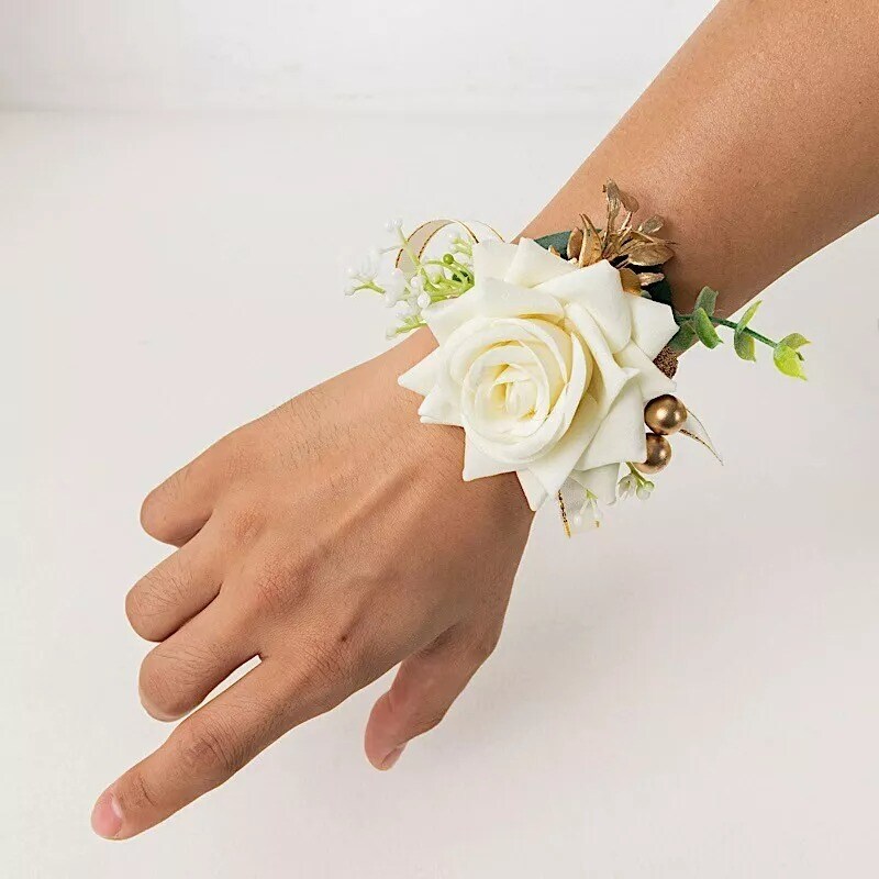 White 2 Silk Rose 4&#x22; Wrist Corsages with Pearls Artificial Flowers Wedding