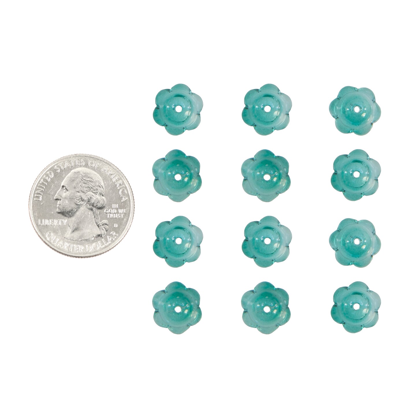 12x8mm Larger Teal Full Flowers Beads Center Hole in Bright Teal, 12 beads - GB-FB28