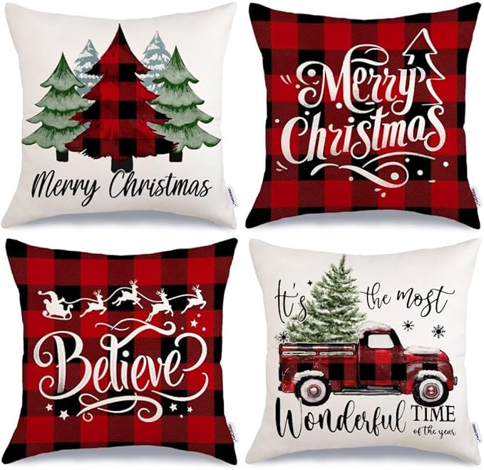 Merry Christmas Throw Pillow Covers 18x18 Inch Set of 4, Xmas Trees Truck Buffalo Plaid Believe Farmhouse Decorative Cushion Cases for Home Decoration G421-18