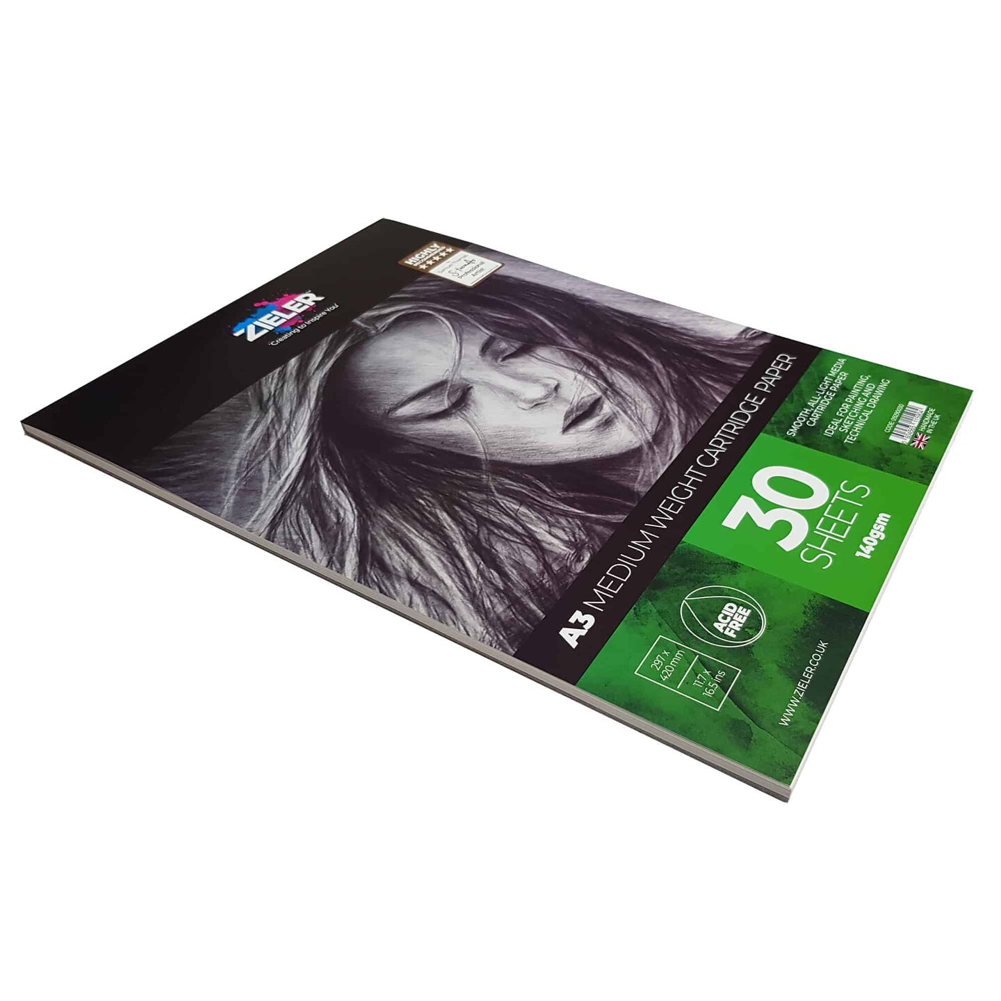 Zieler A3 Medium Weight Cartridge Paper Pad &#x2013; 140gsm, 30 sheets