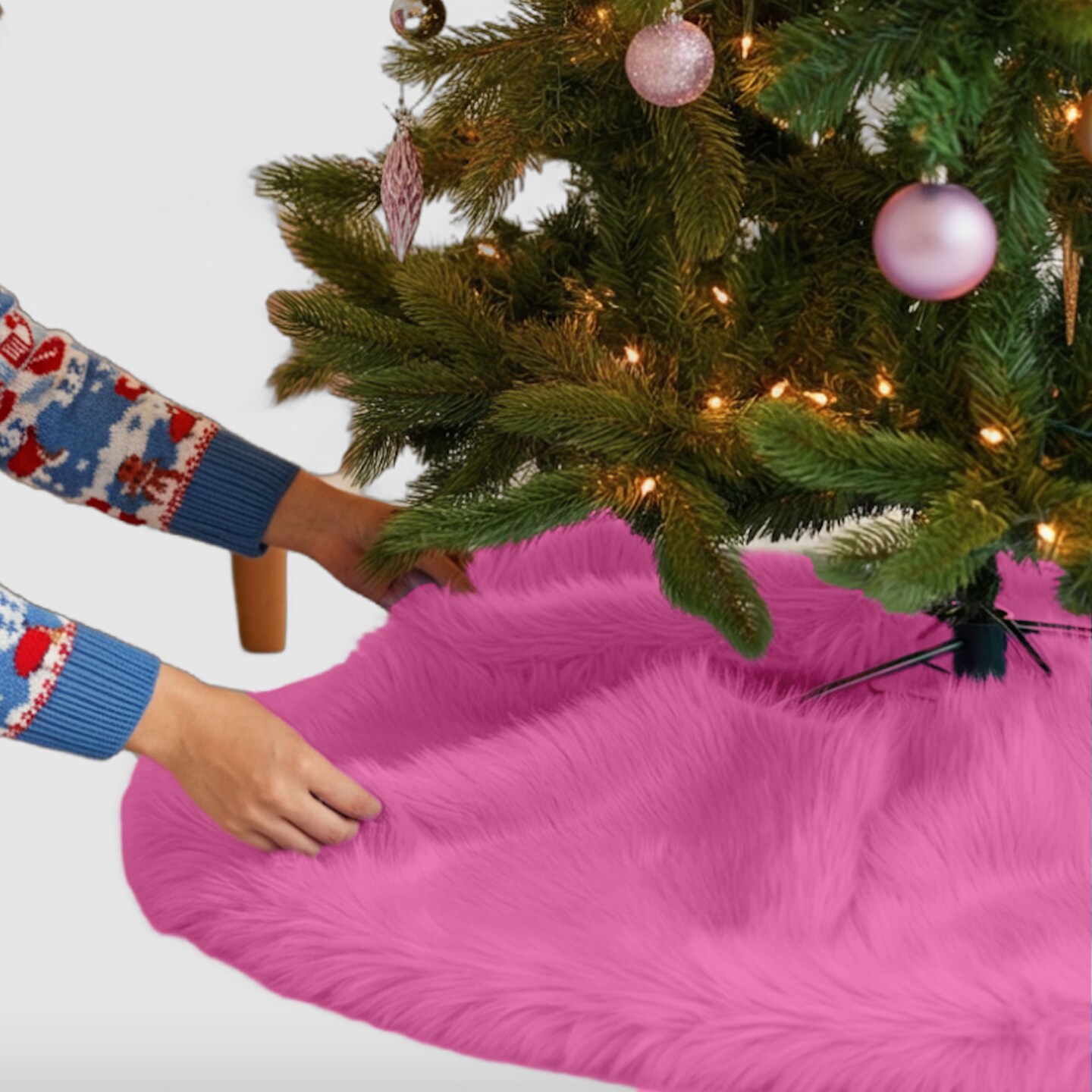 FabricLA Bubble Gum Faux Fur Tree Skirt Cut - 60-Inches with Rounded Edges (No Backing) for Christmas
