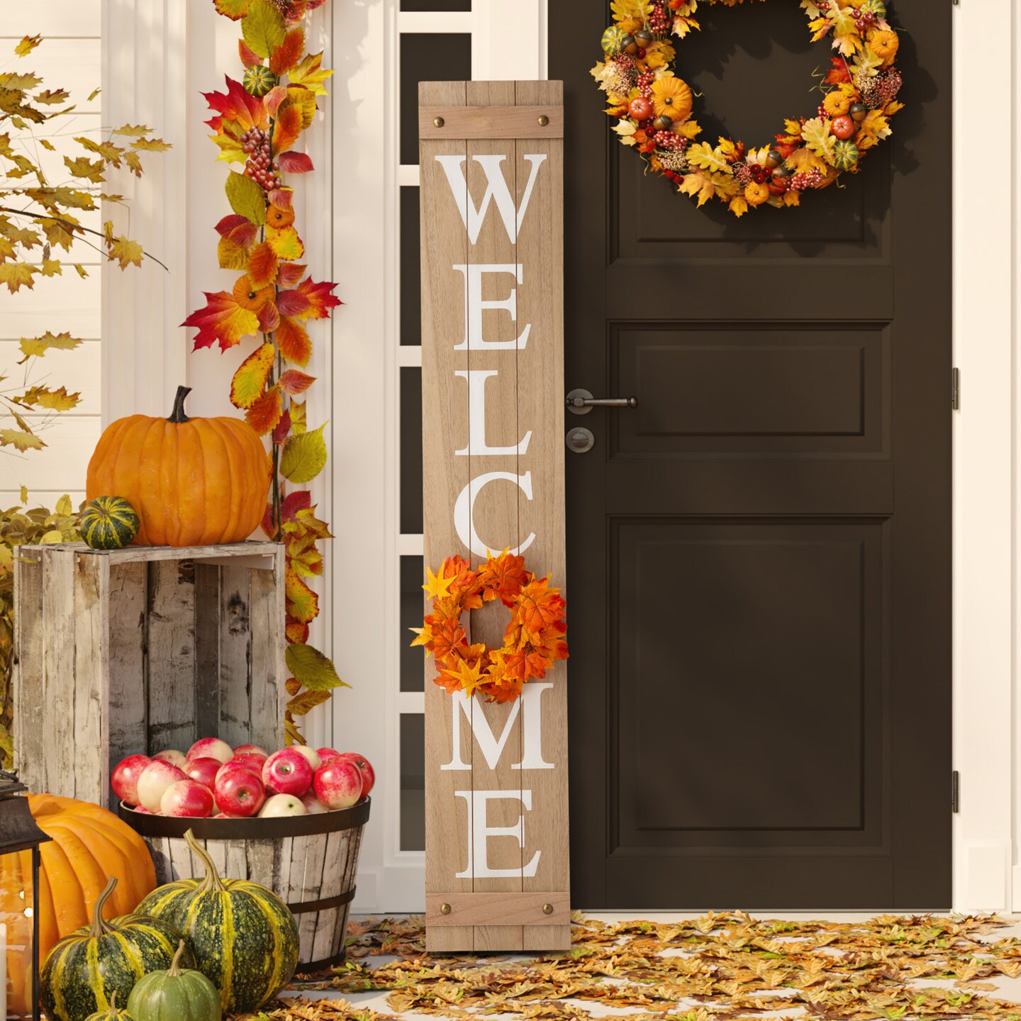 60"H Wooden Fall Christmas Welcome Porch Sign with 4 Floral Wreaths