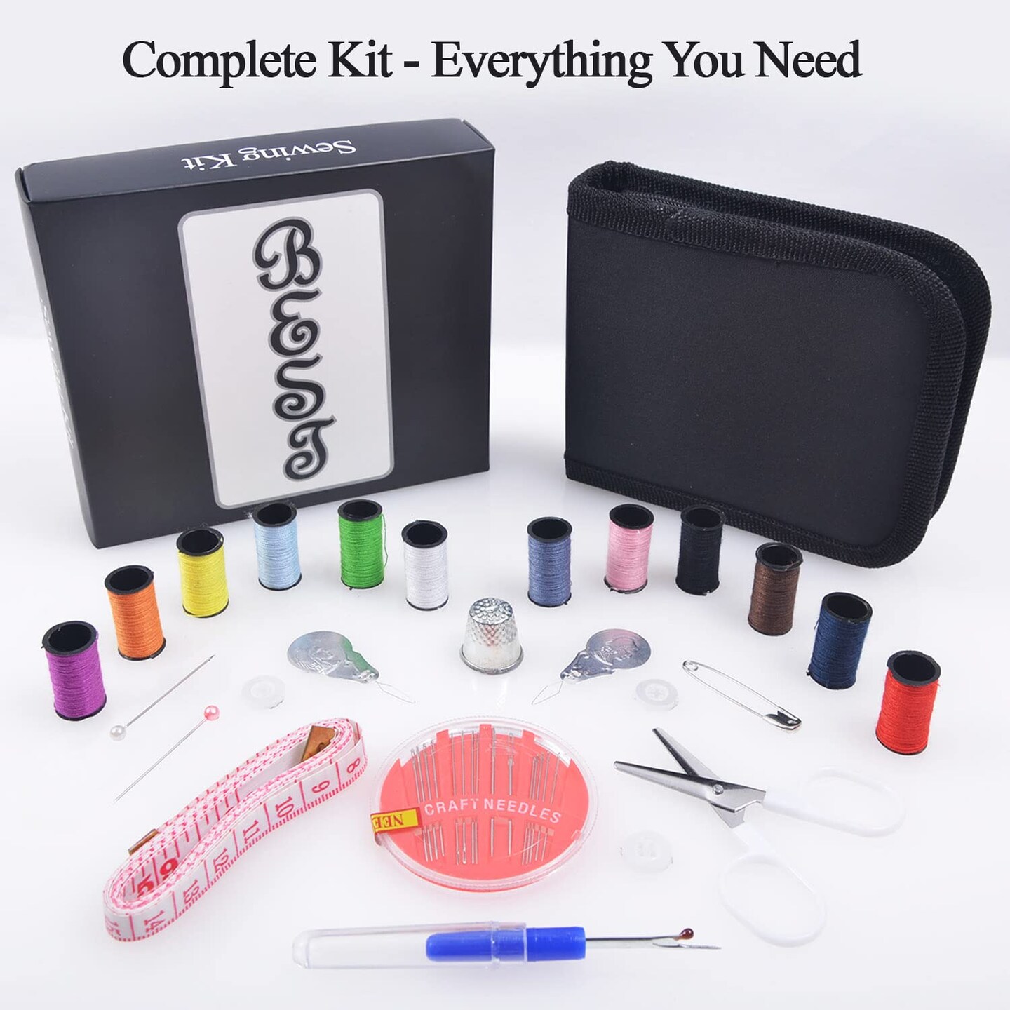 Best Sewing Kit Bundle with Scissors, Thimble, Thread, Needles, Tape Measure, Carrying Case and Accessories