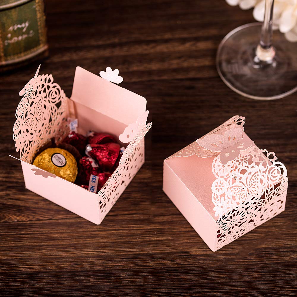 KAZIPA 50pcs Laser Cut Butterfly Favor Boxes, 2.6&#x22; x 2.6&#x22; x 1.6&#x22; Floral Favor Boxes, Party Favor Boxes for Bridal Shower Anniversary Wedding Party Favor, Pink