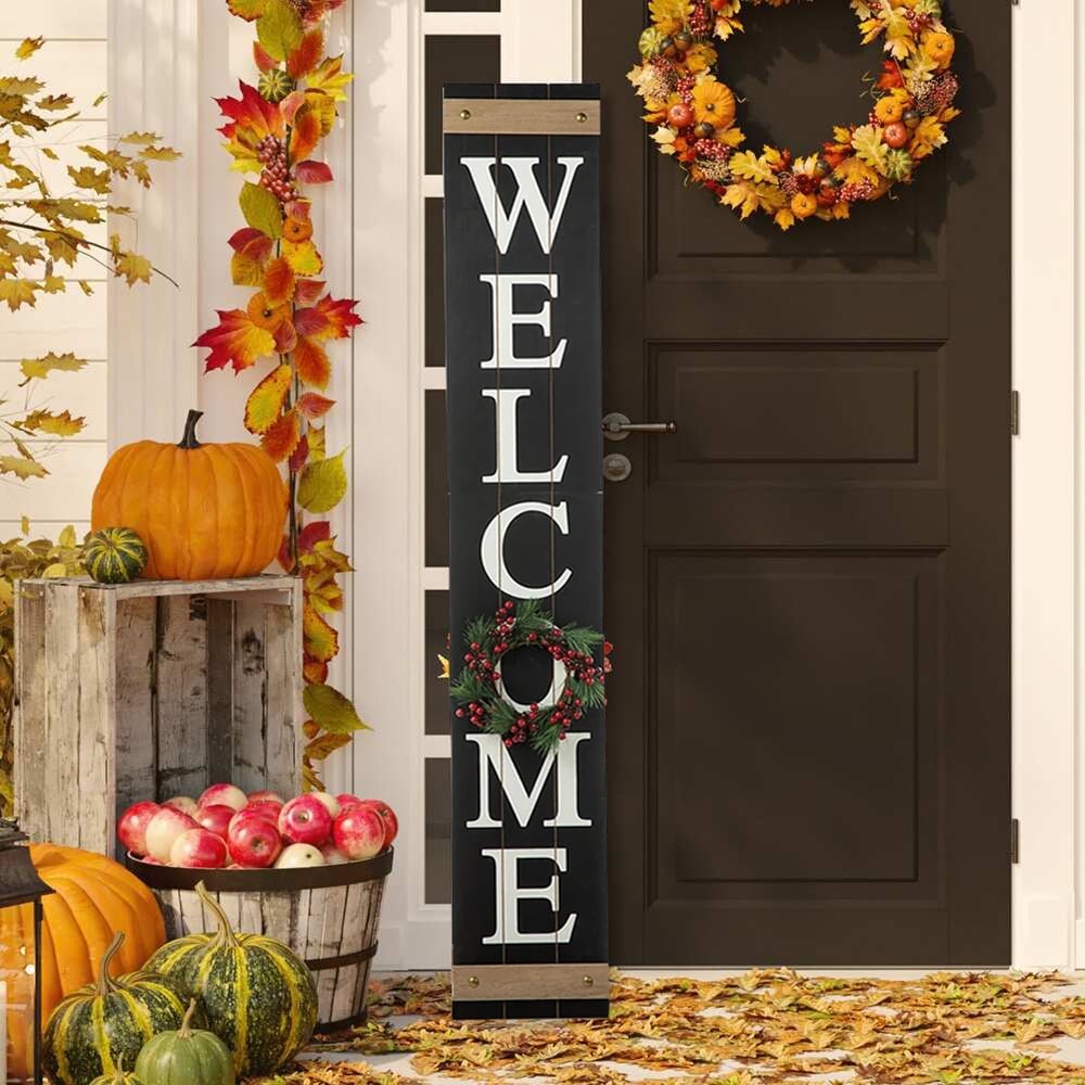 60"H Wooden Fall Christmas Welcome Porch Sign with 4 Floral Wreaths