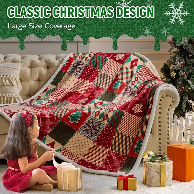 Christmas Throw Blanket, Winter Holiday Sherpa Fleece Blanket, Premium Warm Cozy Christmas Blankets and Throws, Christmas Decorations for Bedroom, Gifts for Women, 50&#x22; X 60&#x22;, ChristmasRhombus